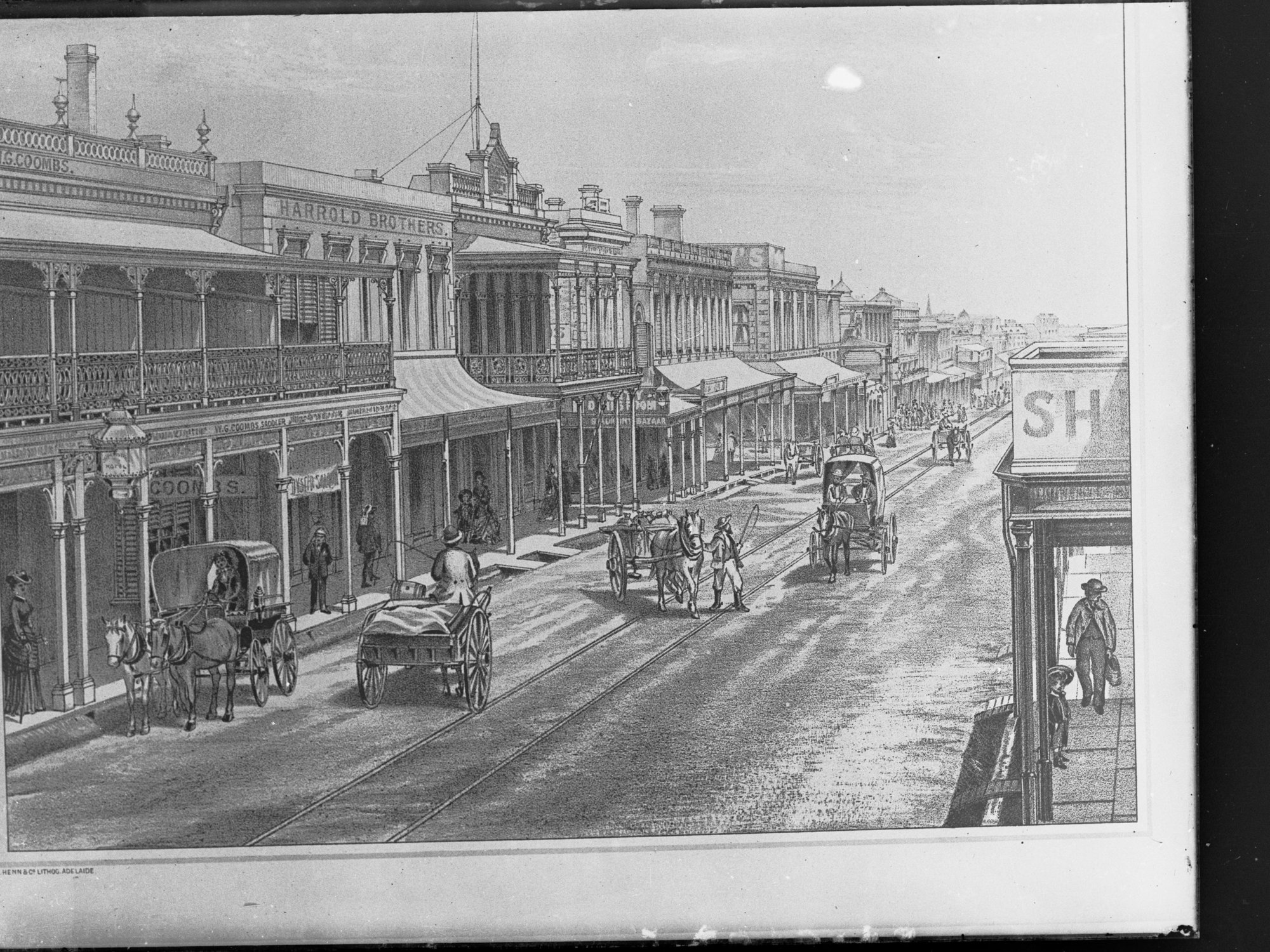L Henn &amp; Co. Lithograph - Sketch of early Adelaide showing Hindley Street, c. 1870s