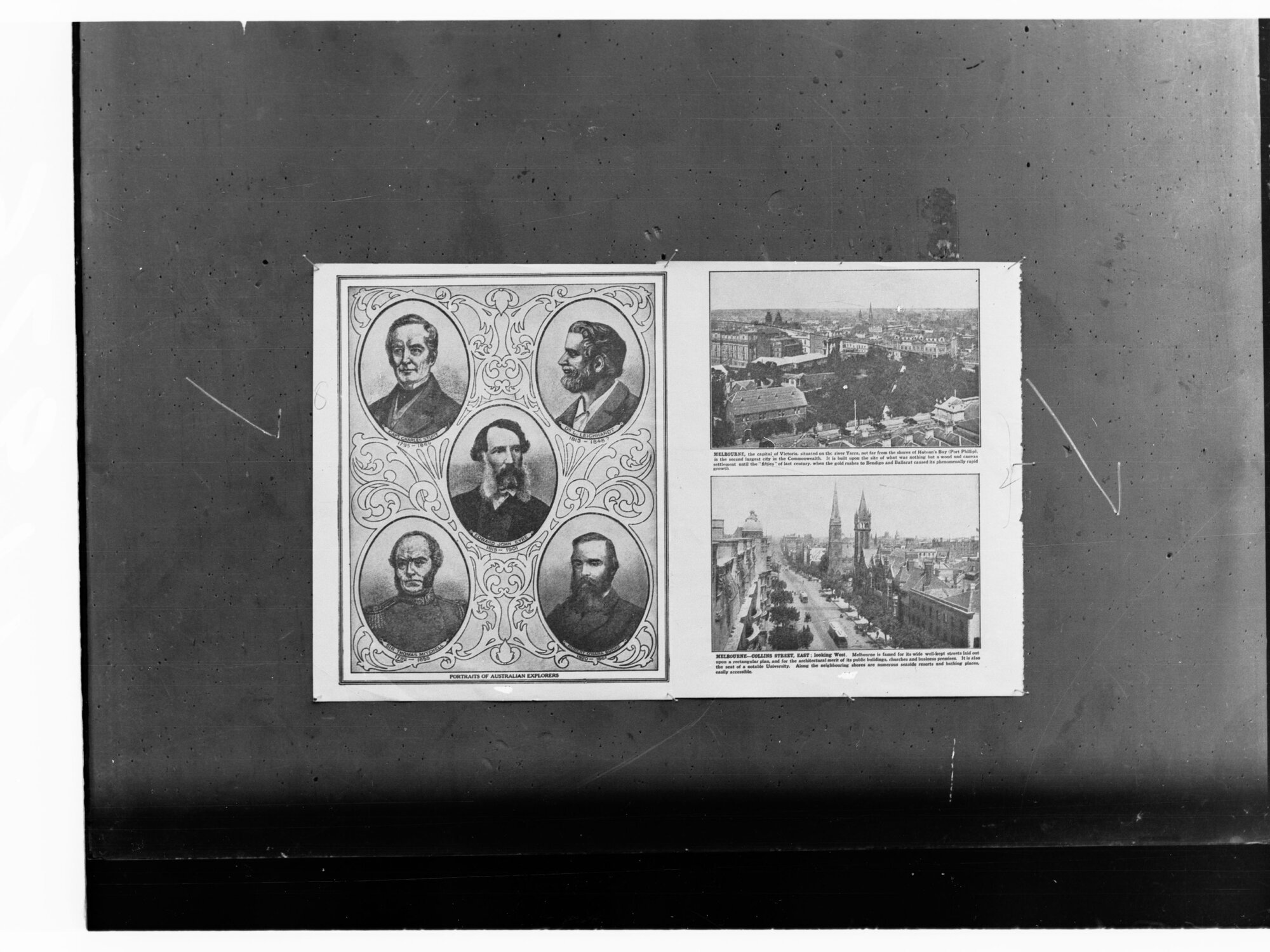Portraits of five Australia explorers and two views of Melbourne taken from book
