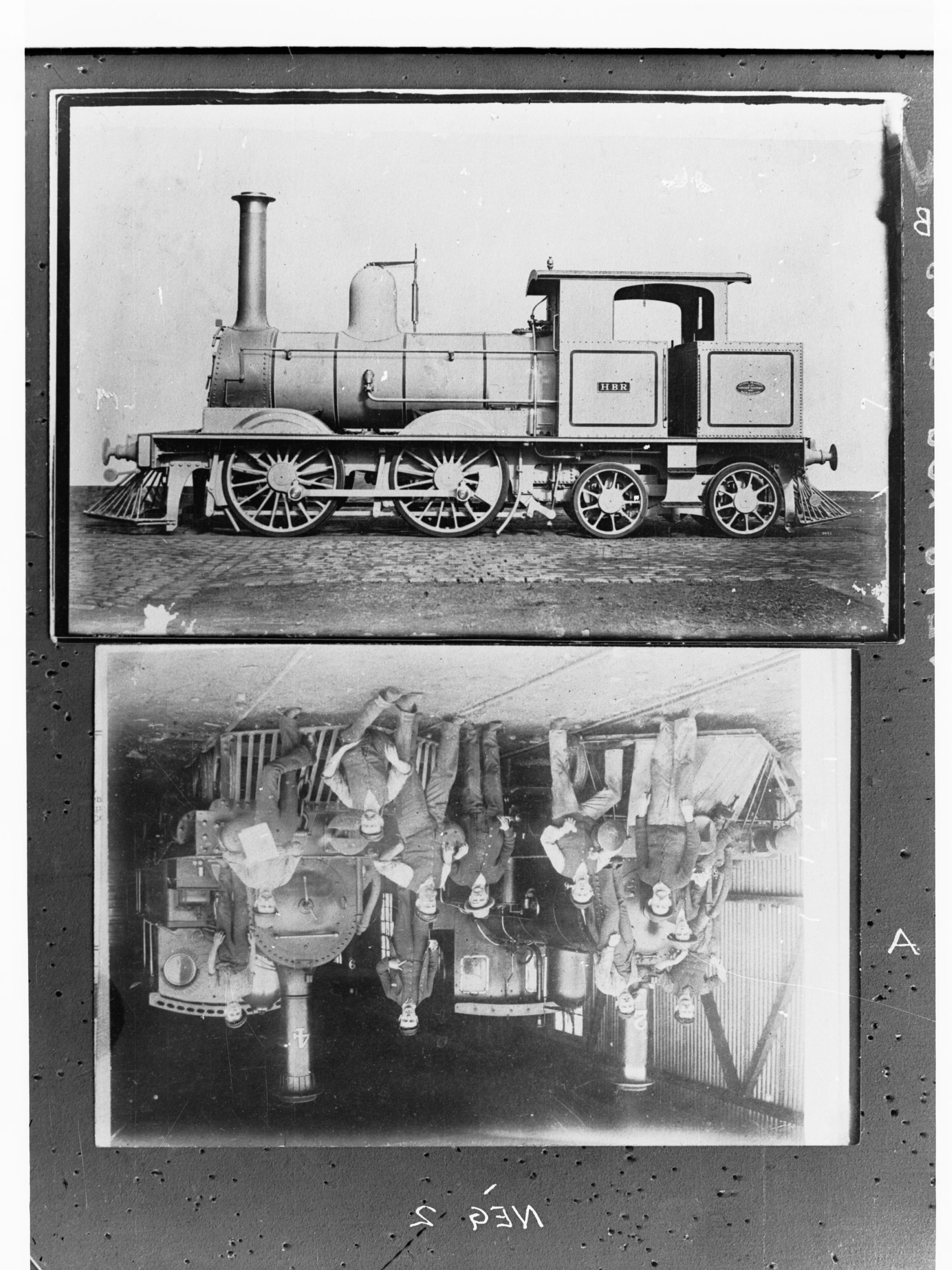 GD class locomotive built by Beyer Peacock and Co. 1881.|Steam locomotives showing men on board in the St. Leonards sheds, Glenelg; (two photos on one)