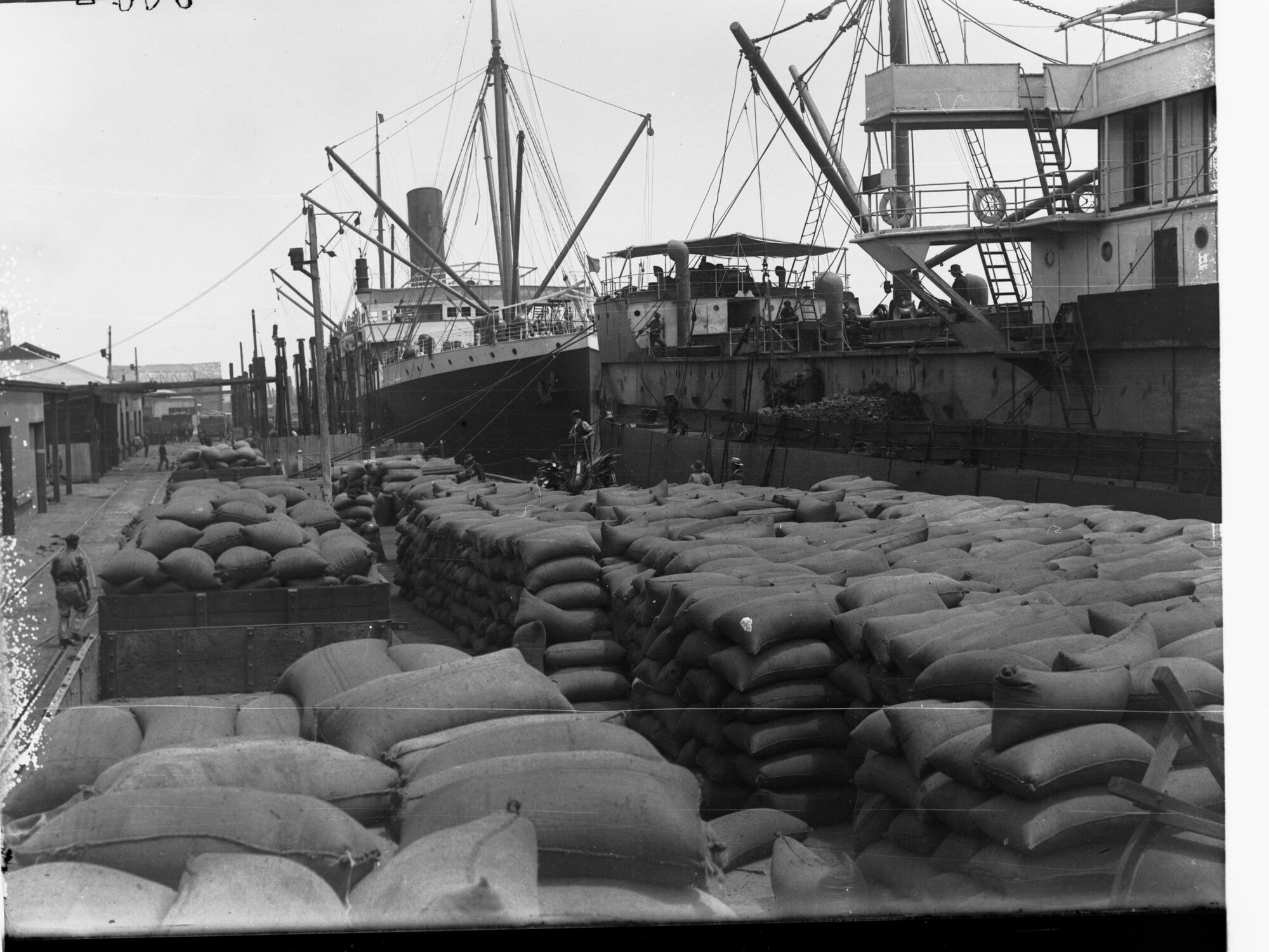 Steamships Berthed at  Queen's Wharf Port Adelaide Wheat Sacks Stacked on the Wharf