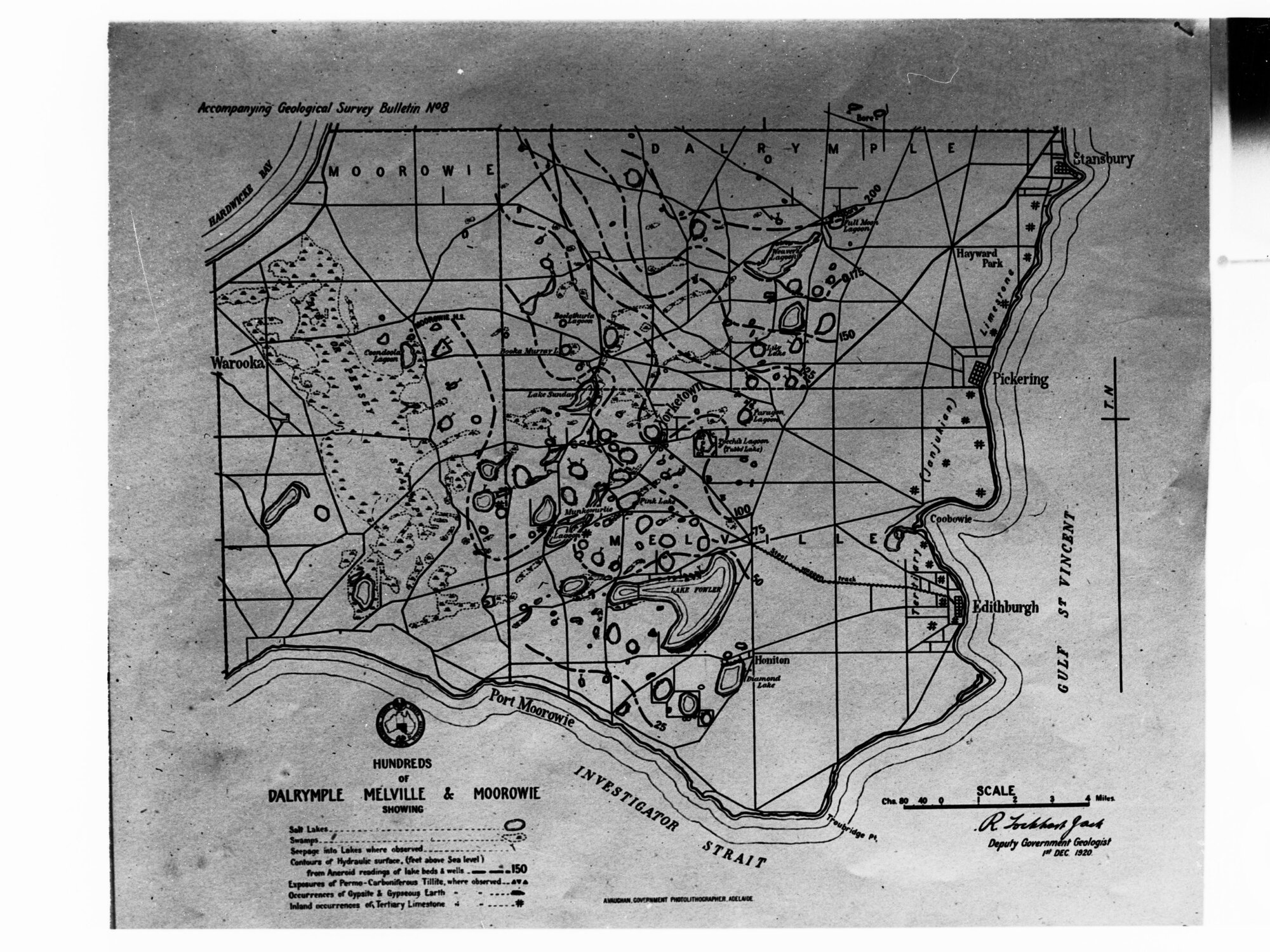 Geographical Map - Hundreds of Dalrymple, Melville and Moorowie, South Australia - showing water bores