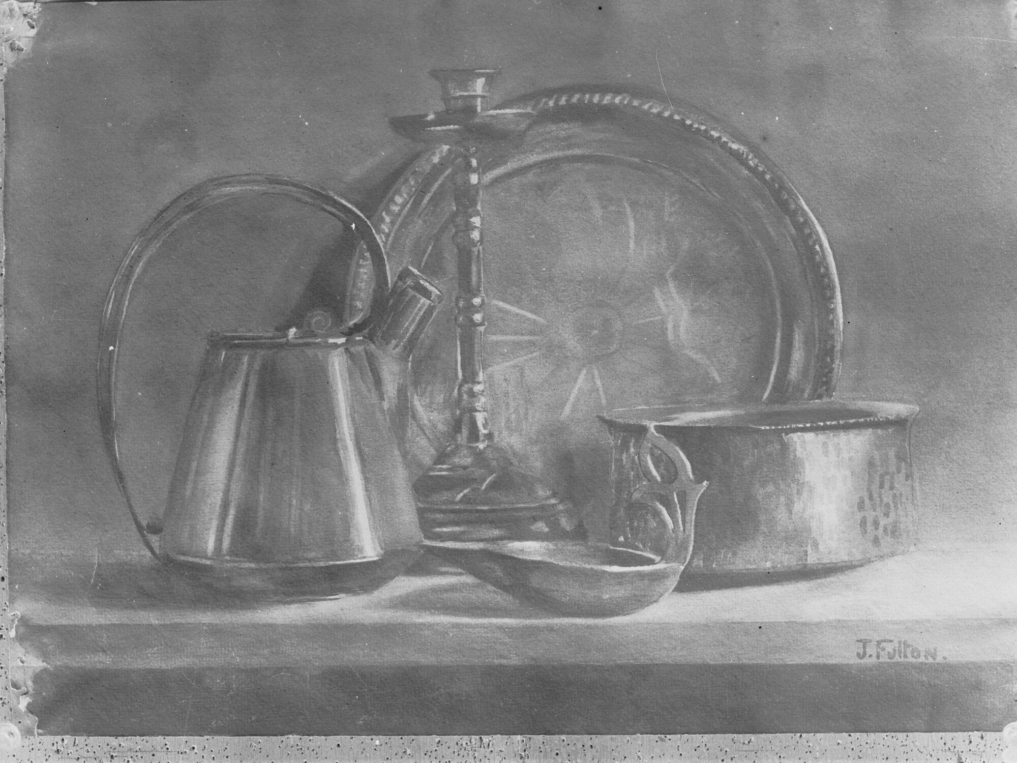 Painting of kettle, candlestick, plate and bowl by J Fulton