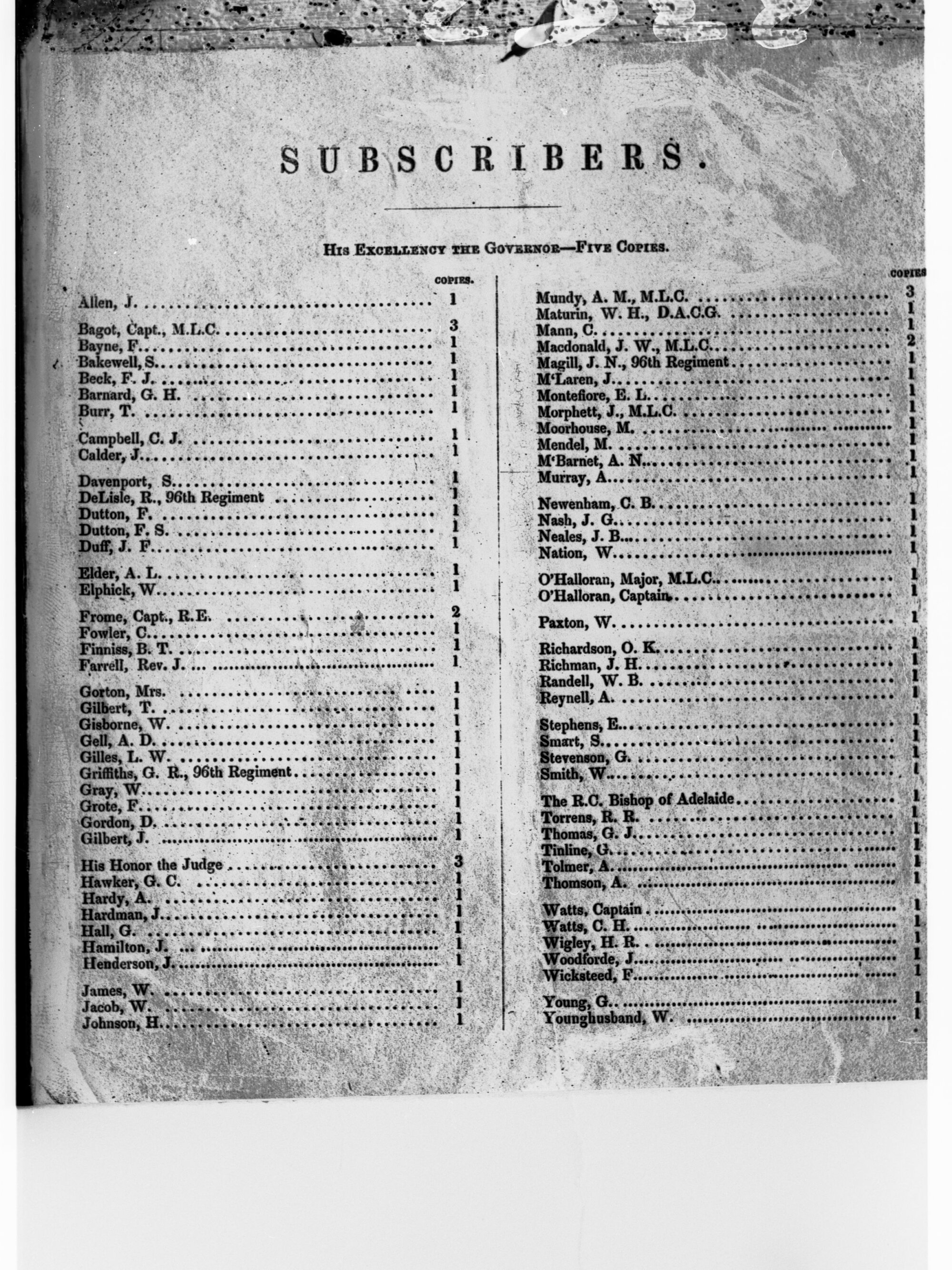 Page of Subscribers from Adelaide and its Vicinity, South Australia - copied