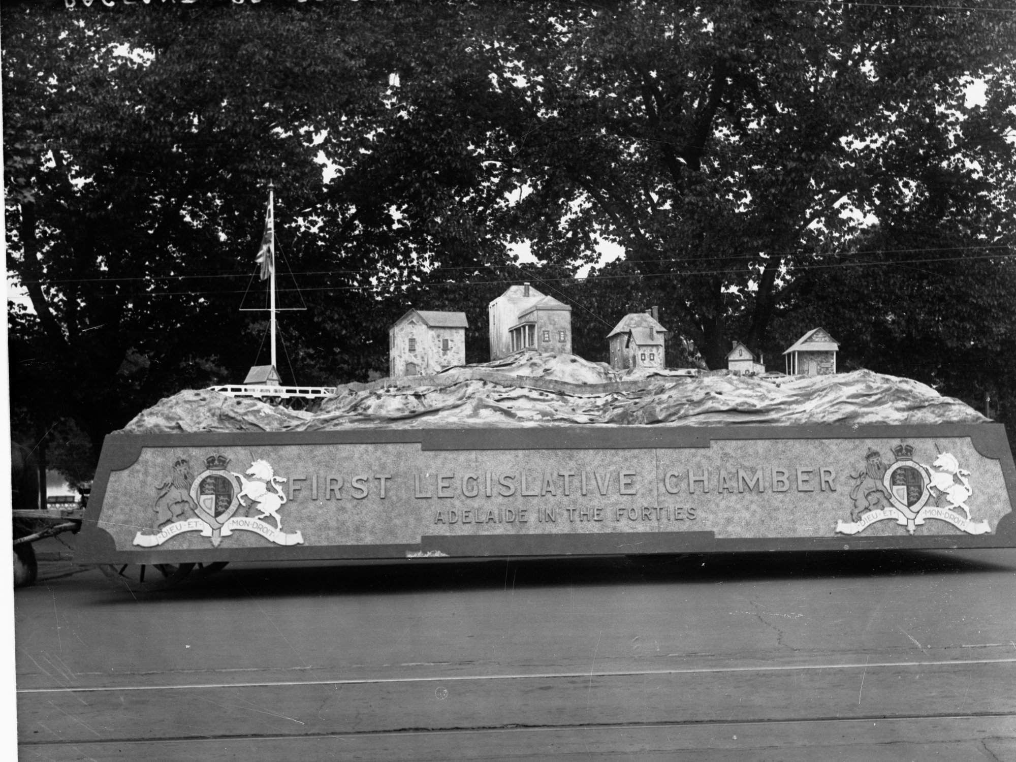Pageant of progress showing first legislative chamber float, float titled Adelaide in the 1830's