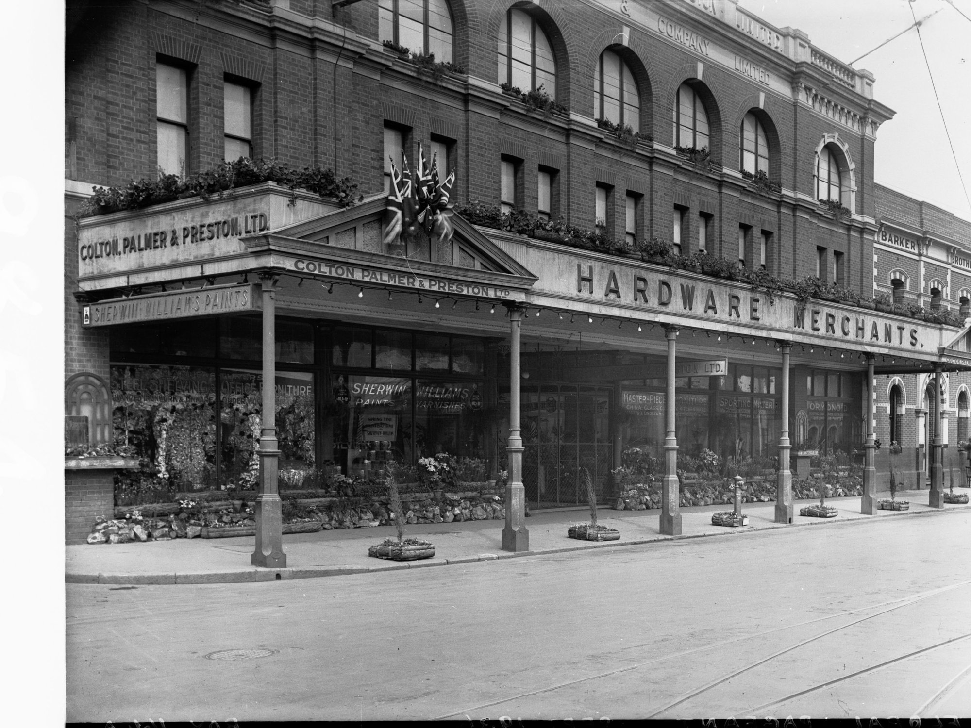 Colton Palmer and Preston building on Currie Street decorated for centenary