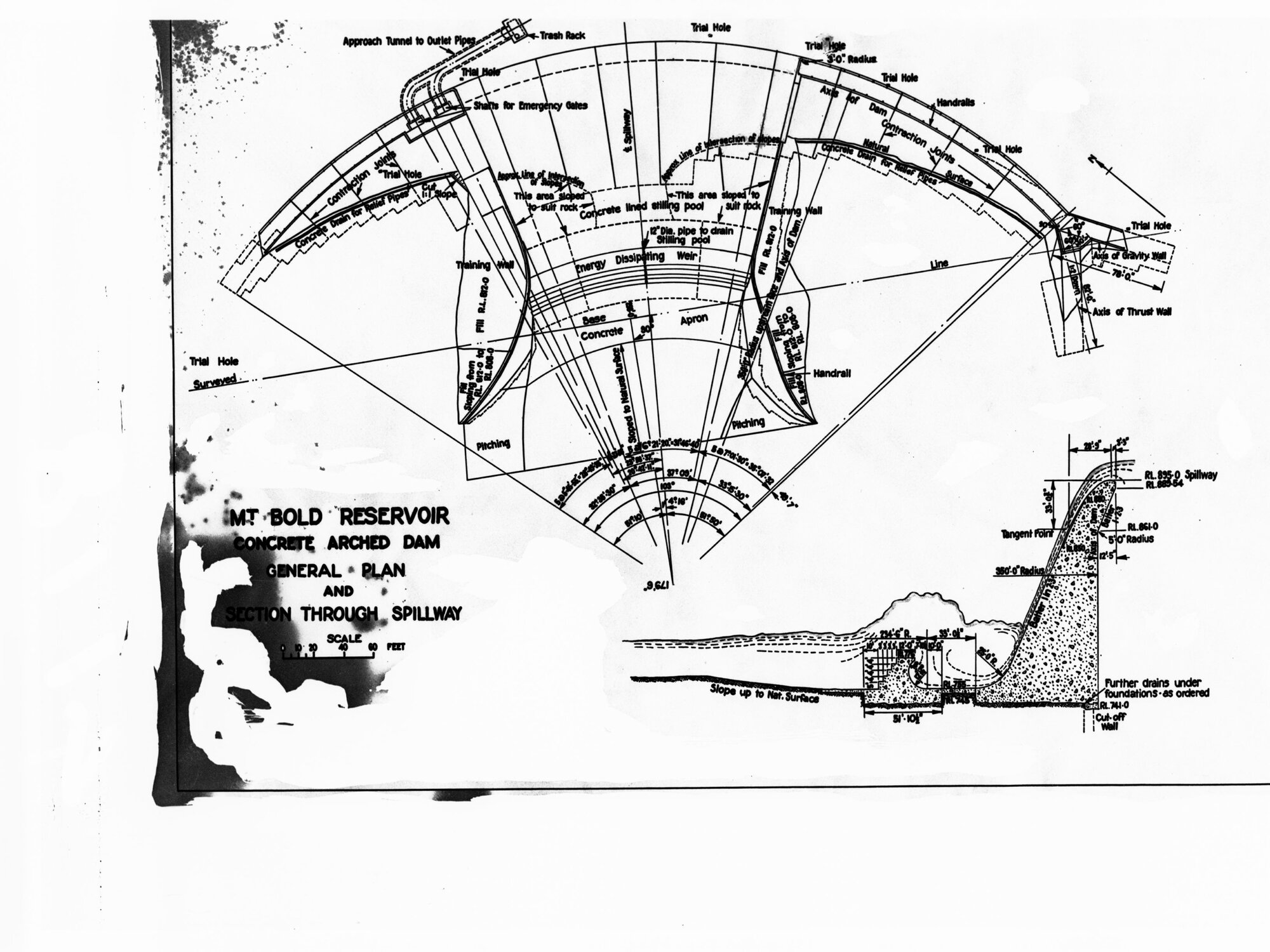Mount Bold Reservoir - general plan and elevation of concrete arched dam wall