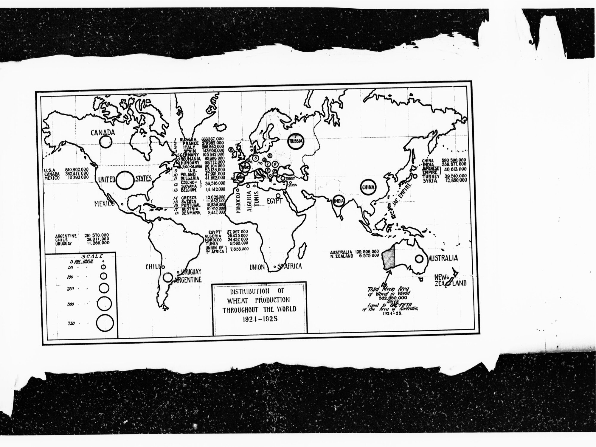 Map of the world - Distribution of wheat production throughout the world 1921-1925