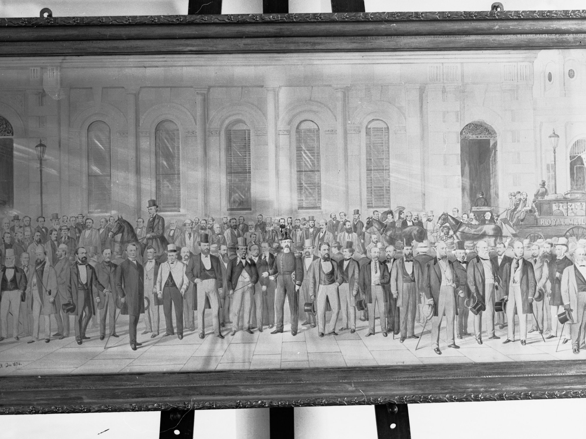 Painting of Crowd of gentlemen by Alfred Clint - appears to be Parliament House, Adelaide as the background - c. 1874