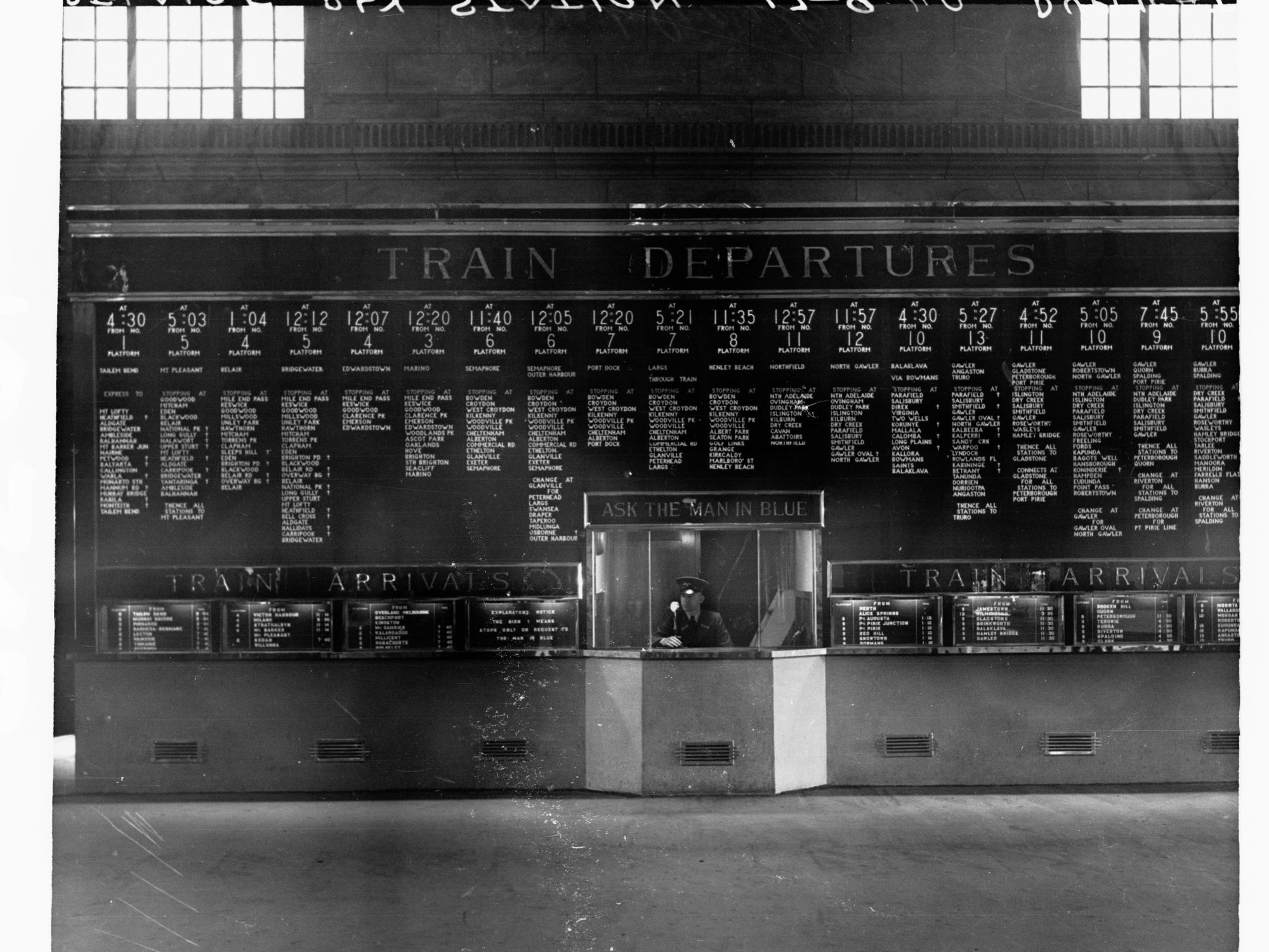 Adelaide Railway Station showing train departures and arrivals board
