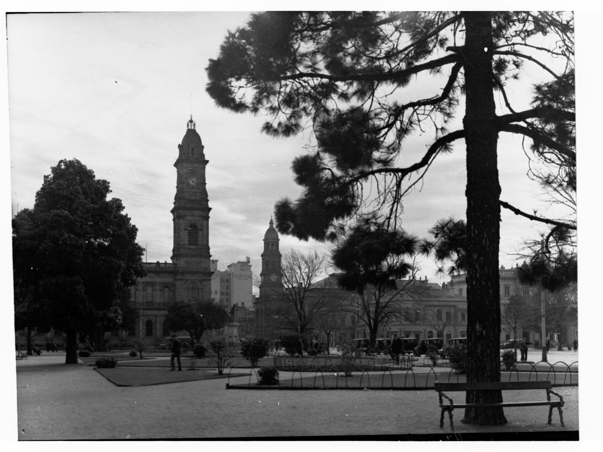 Victoria Square Showing Town Hall Tower and People and Automobiles