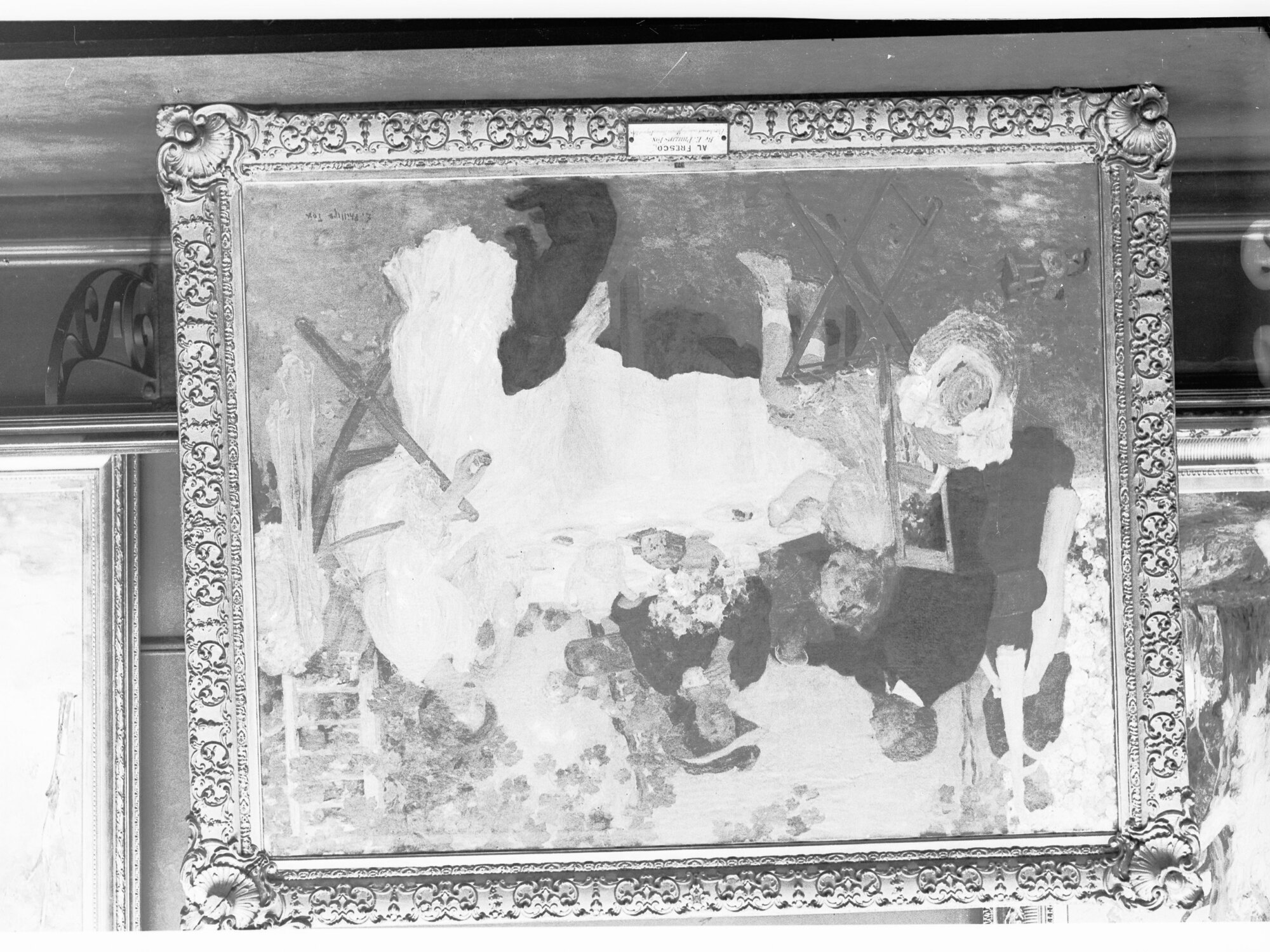 Painting by E Phillips Fox titled "Al Fresco" - painting of man, two men and child sitting at a table in garden