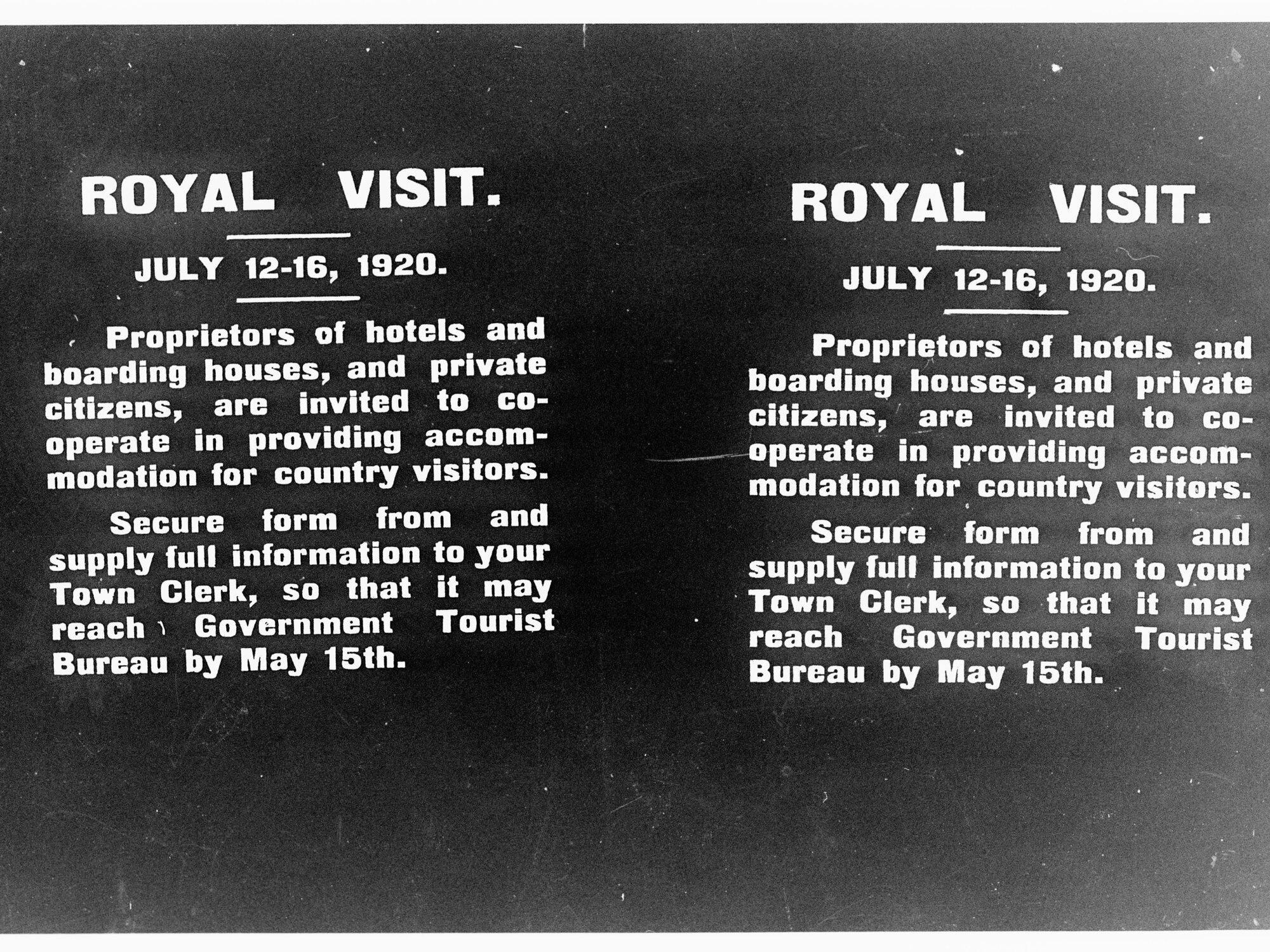 Advertisement announcing Royal Visit on 12-16 July 1920 - inviting citizens to provide accommodation to country visitors during visit