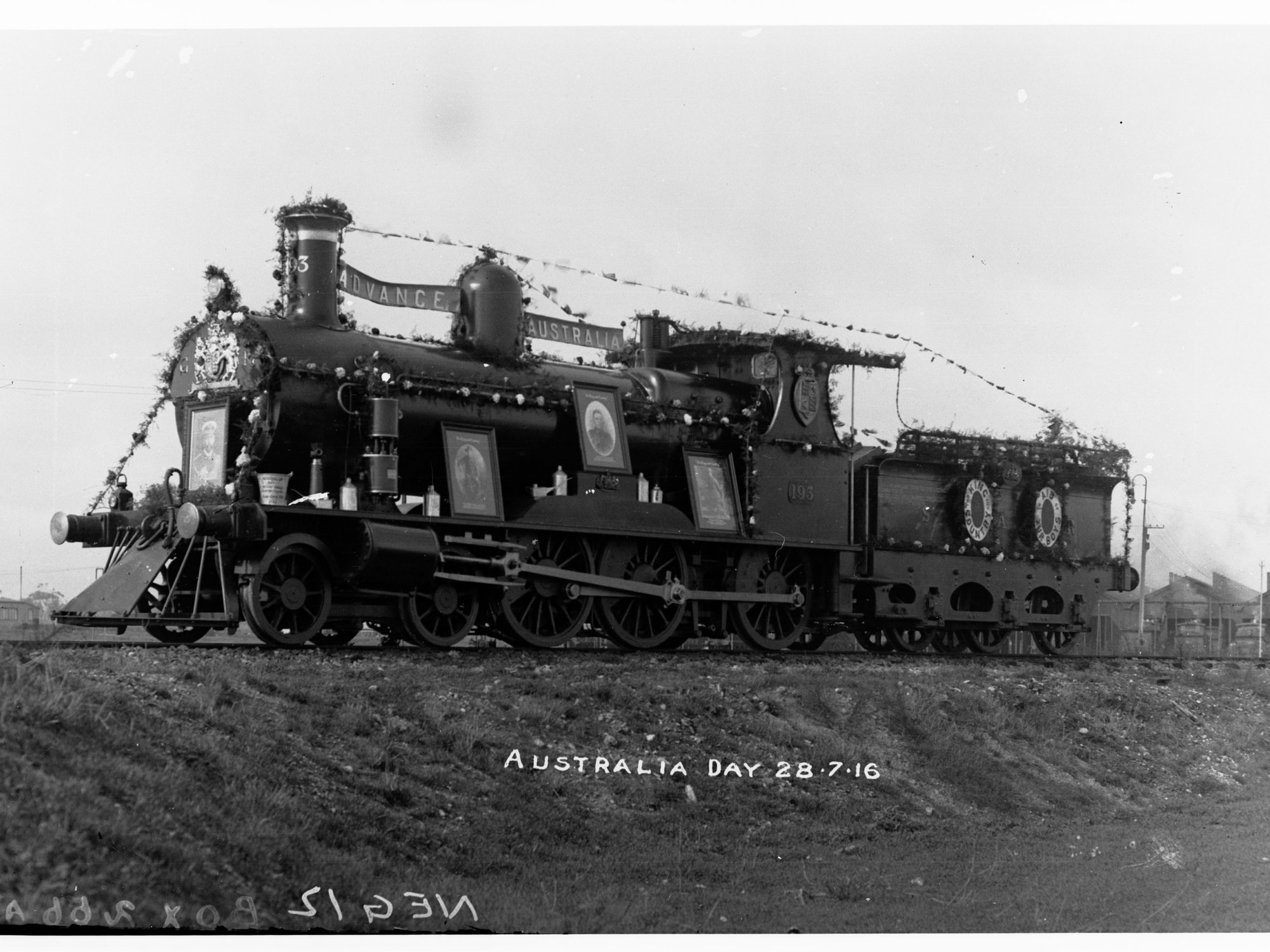 Steam locomotive decorated for Australia Day