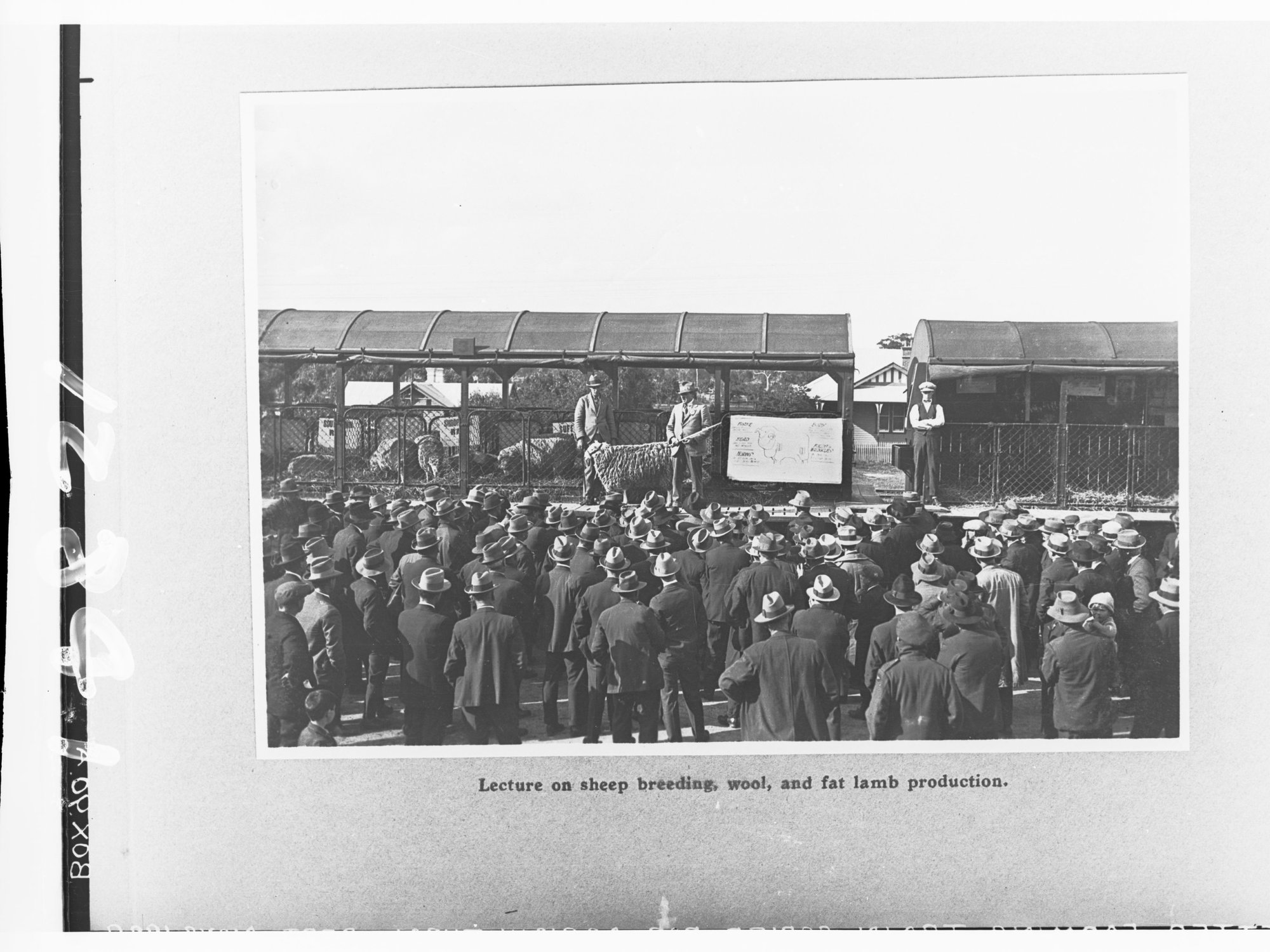 "Victorian Better Farming Train"  Exterior of train, lecture on sheep breeding, wool and fat lamb production.  Copied for Agricultural Department