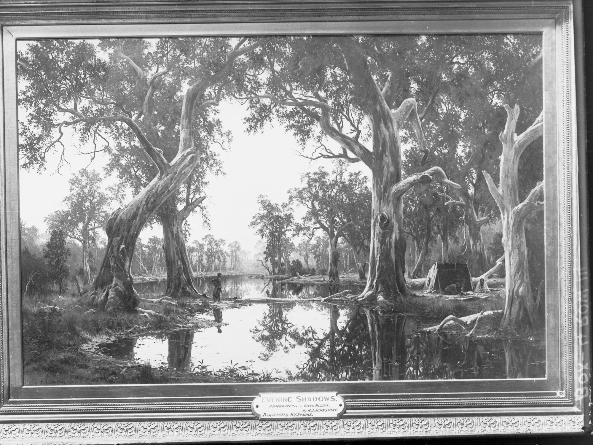 "Evening Shadows" a painting of a backwater of the Murray River by H J Johnstone, 1880.