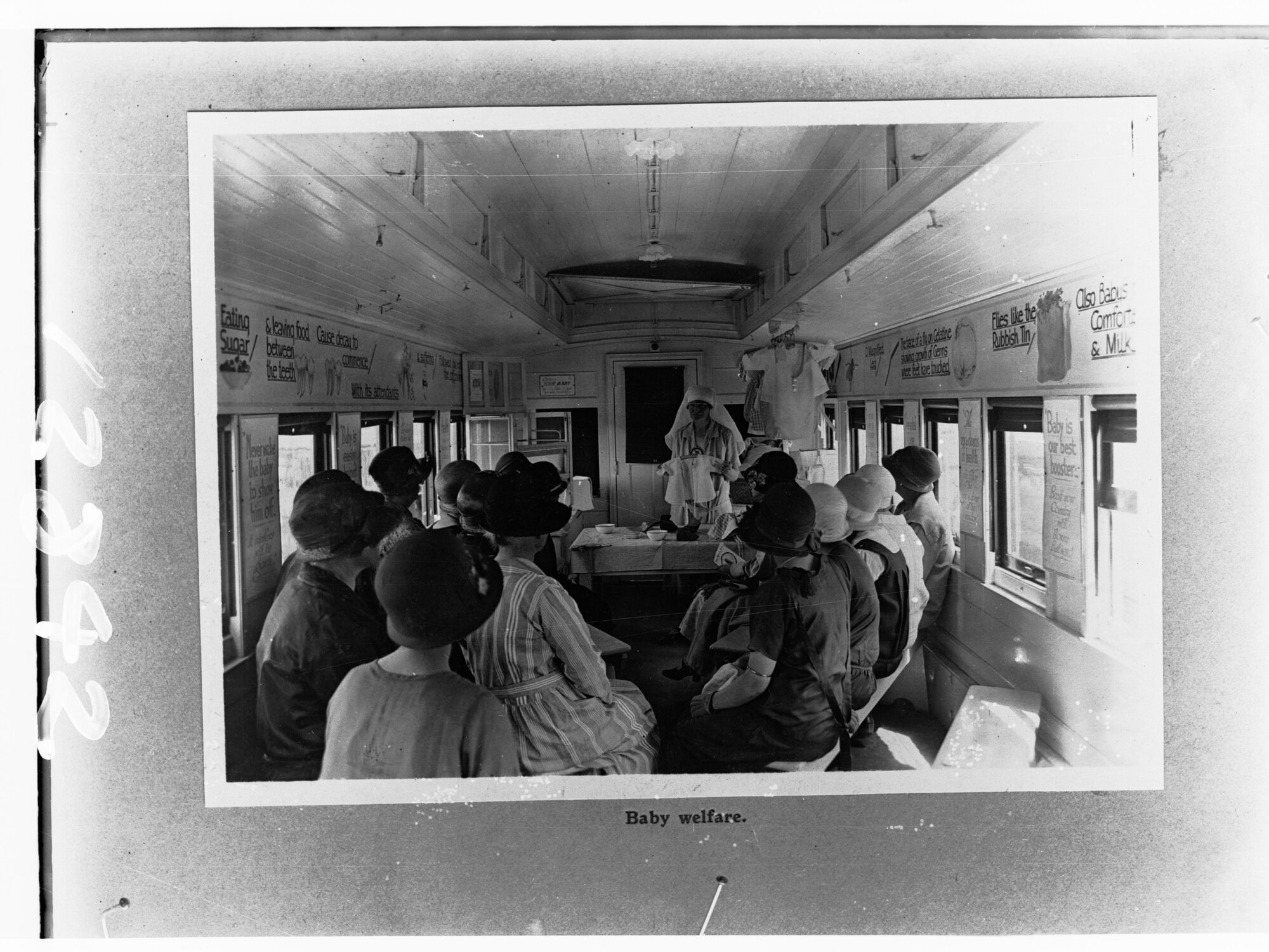 "Victorian Better Farming Train"  Interior of train, Baby Welfare section - Mothercraft Carriage. Copied for the Agricultural Department
