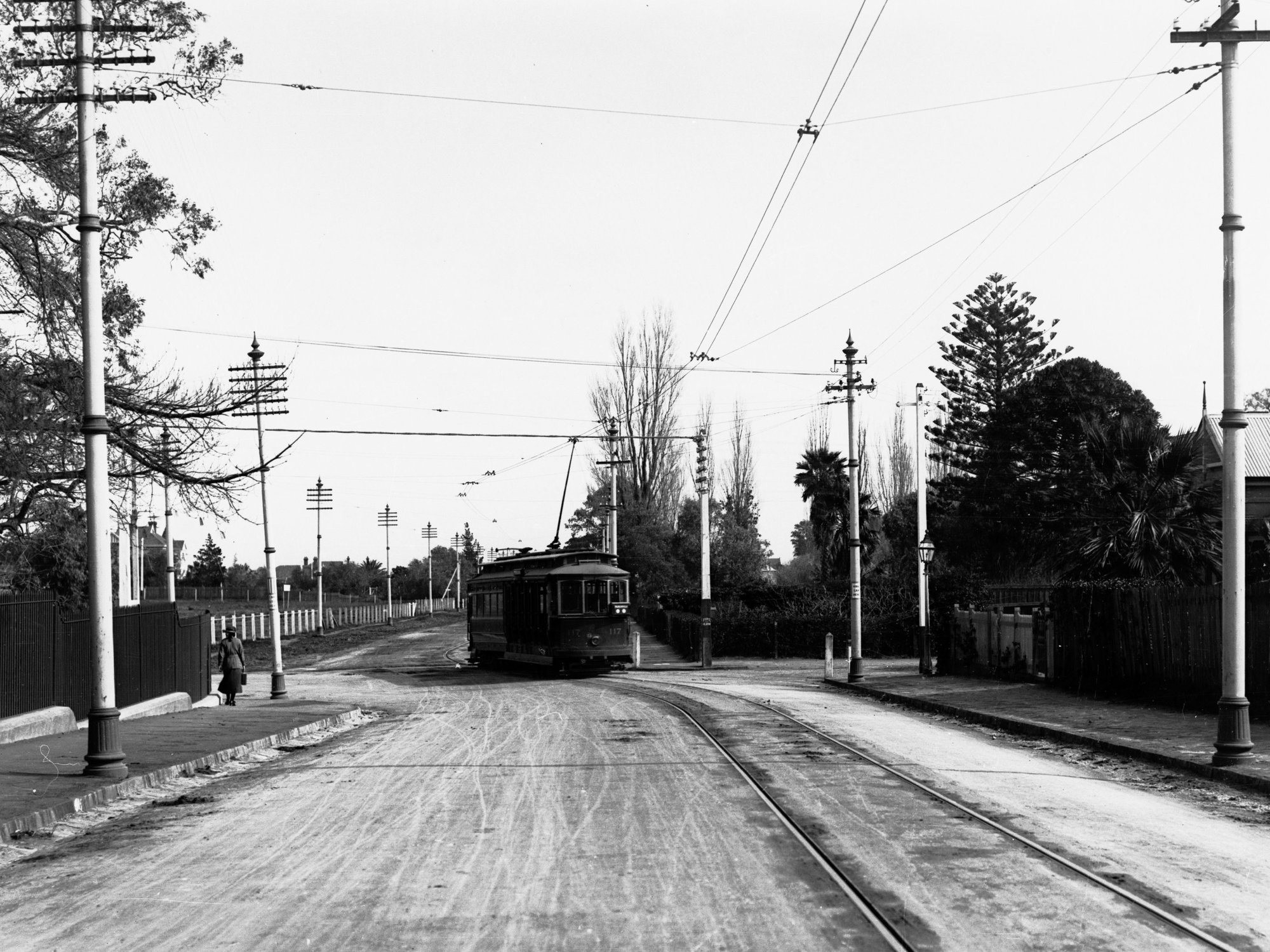 Suburban street with tramline - town planning negatives show tram (Nailsworth, Walkerville, Robe Tce)