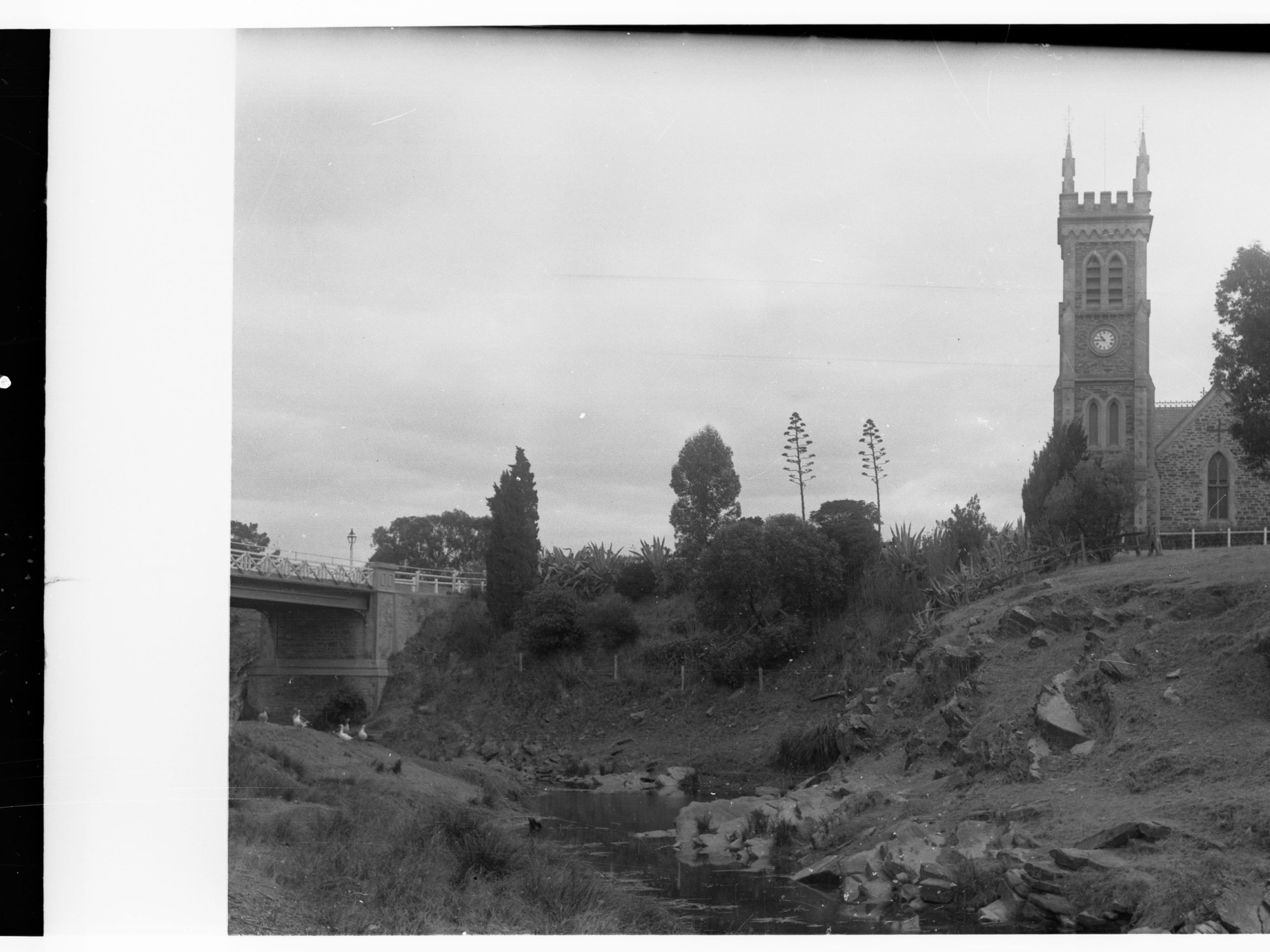 View of the Angas River, St Andrew's Church and St Andrew's Bridge, Strathalbyn
