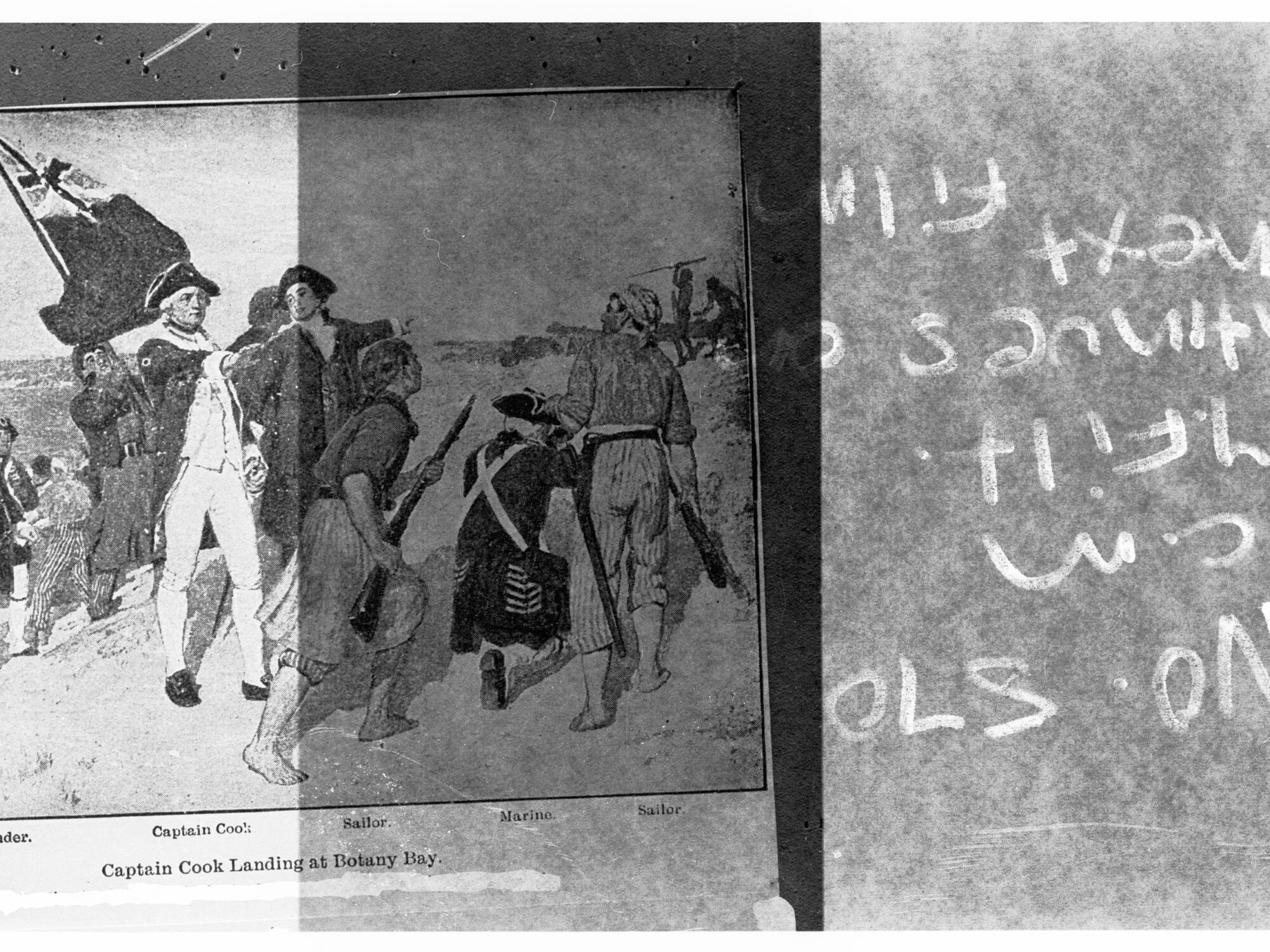 Painting of Captain Cook landing at Botany Bay (The corresponding print to this Accession Number is missing and the negative of poor quality. For reproduction refer to original glass negative)