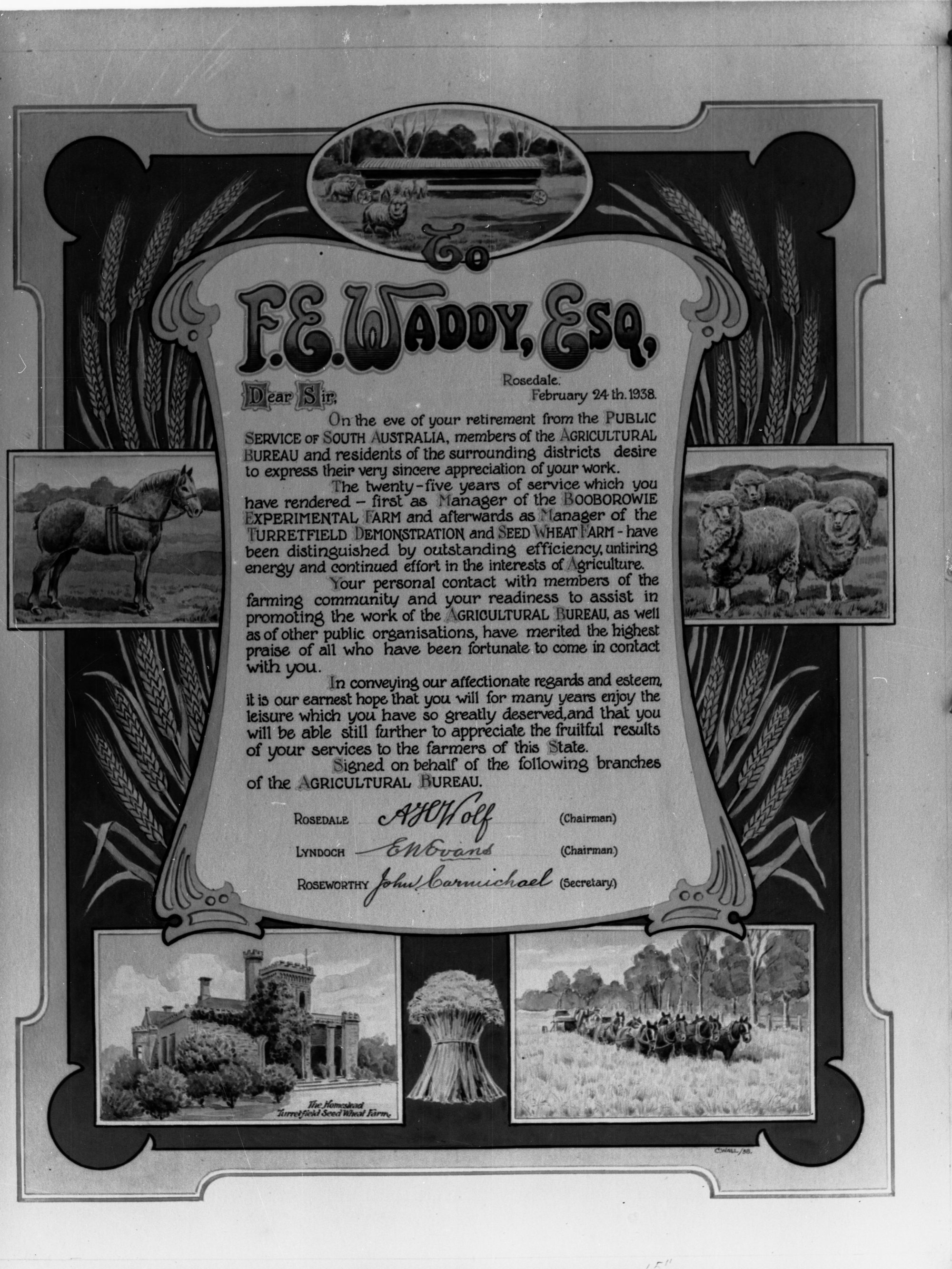 Illuminated letter to F.E. Waddy from Roseworthy College