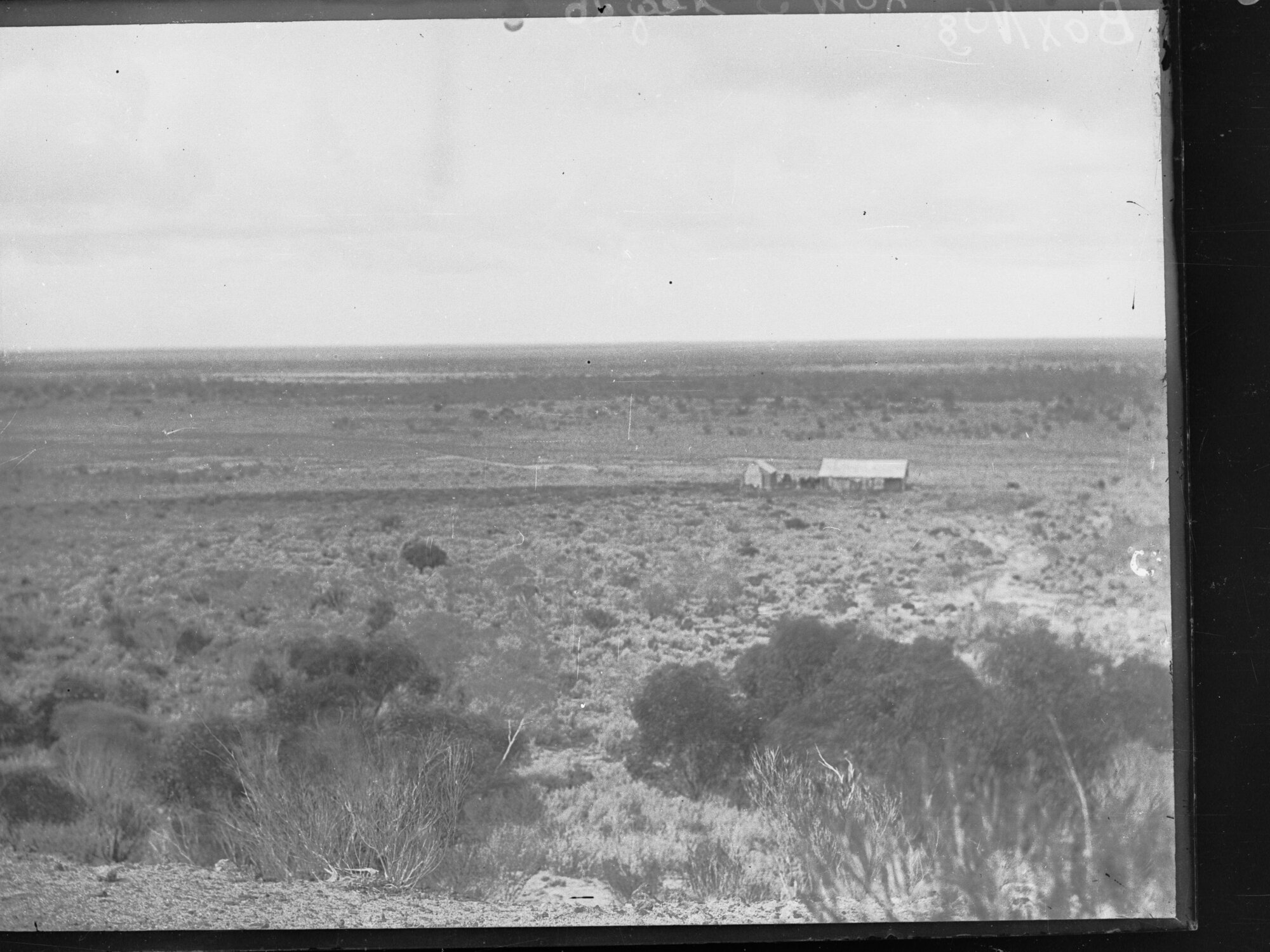 Farm land . View of farm house and saltbush country outside the farming areas.