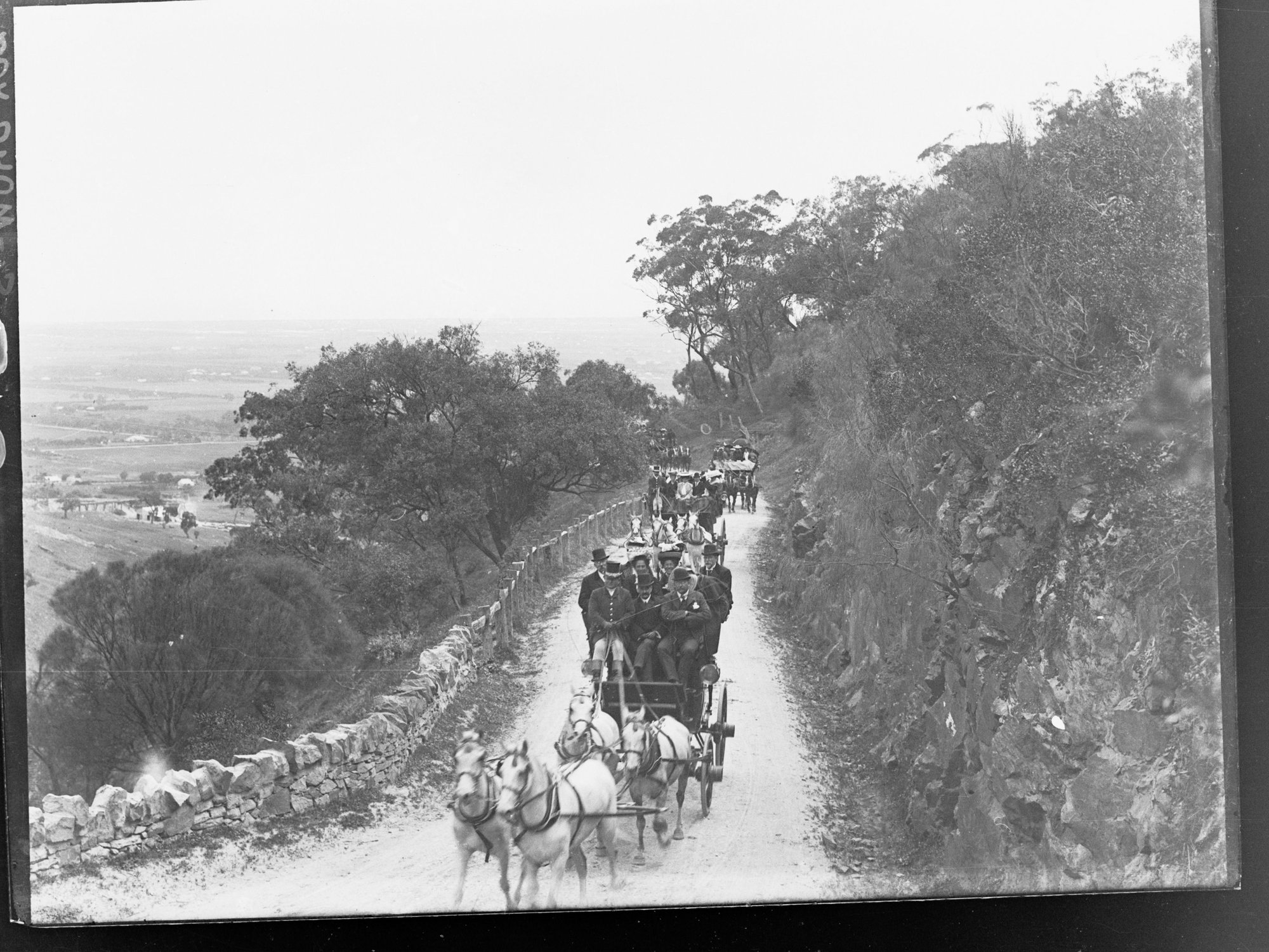 Passengers in horse drawn vehicles near Windy Point in the Mount Lofty Ranges