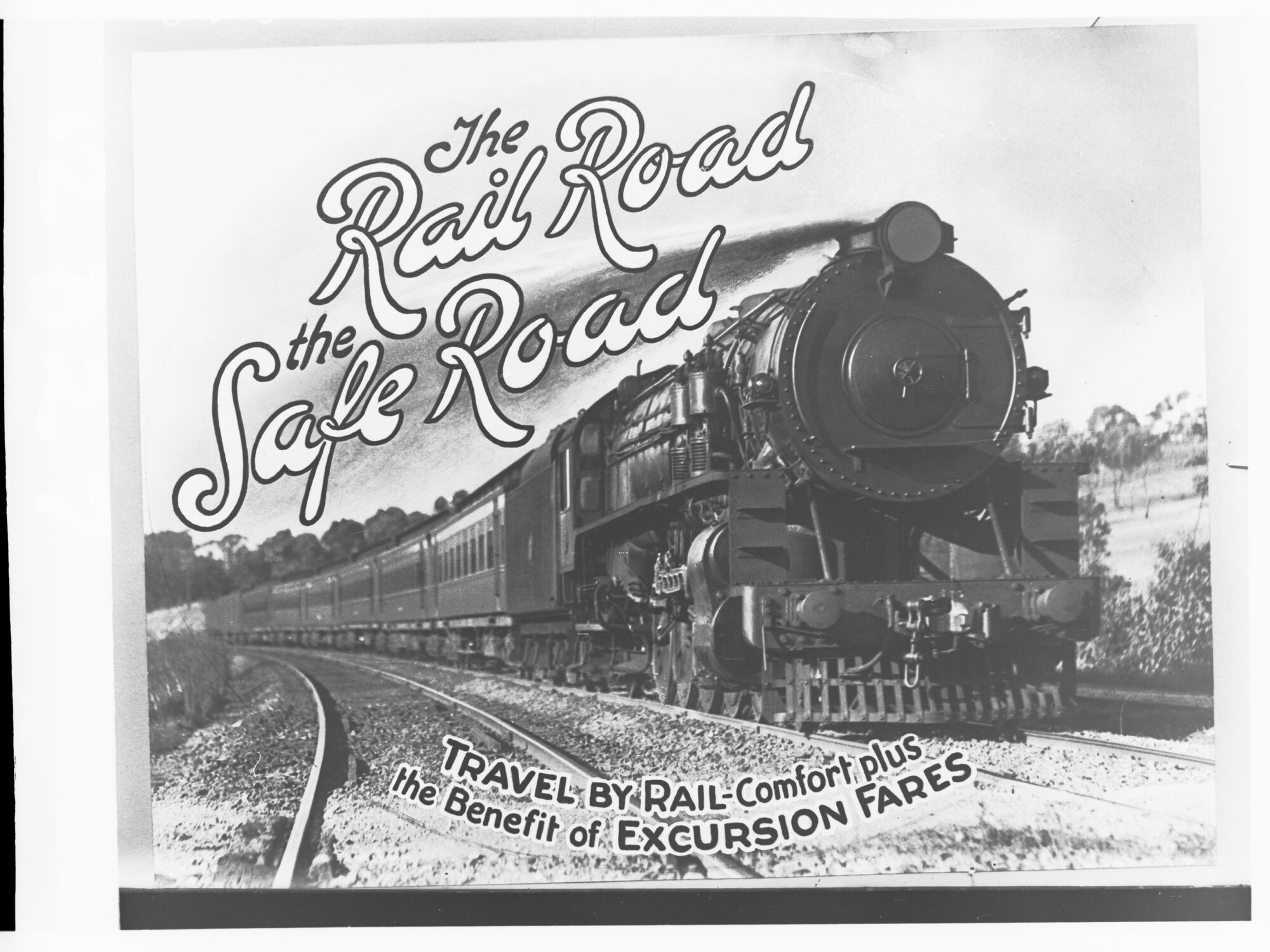Advertisement for rail travel showing a locomotive