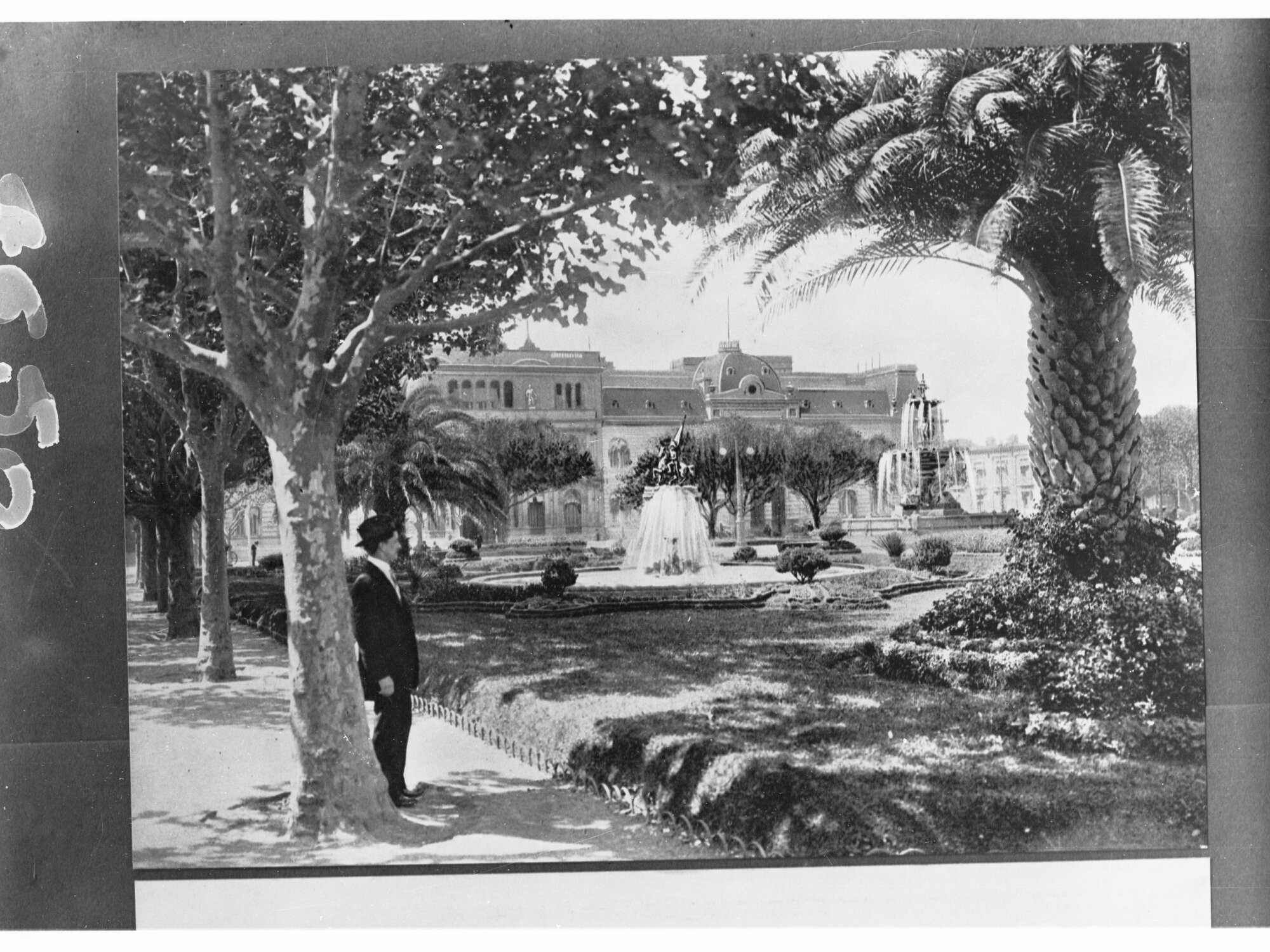 Man Standing Against a Tree in the Court Yard of an Unidentified Building