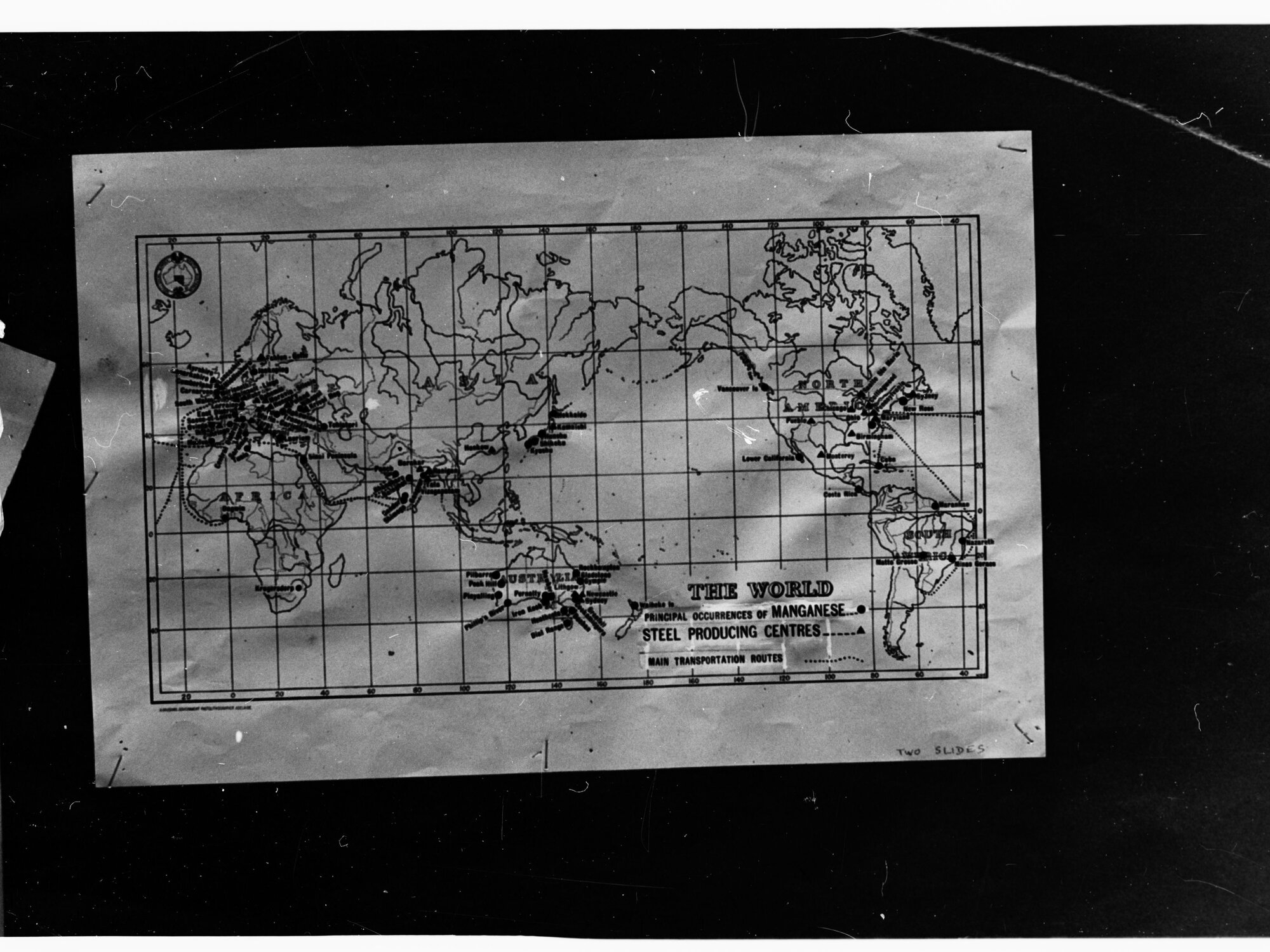 Map of the world showing Centres Producing Manganese Steel