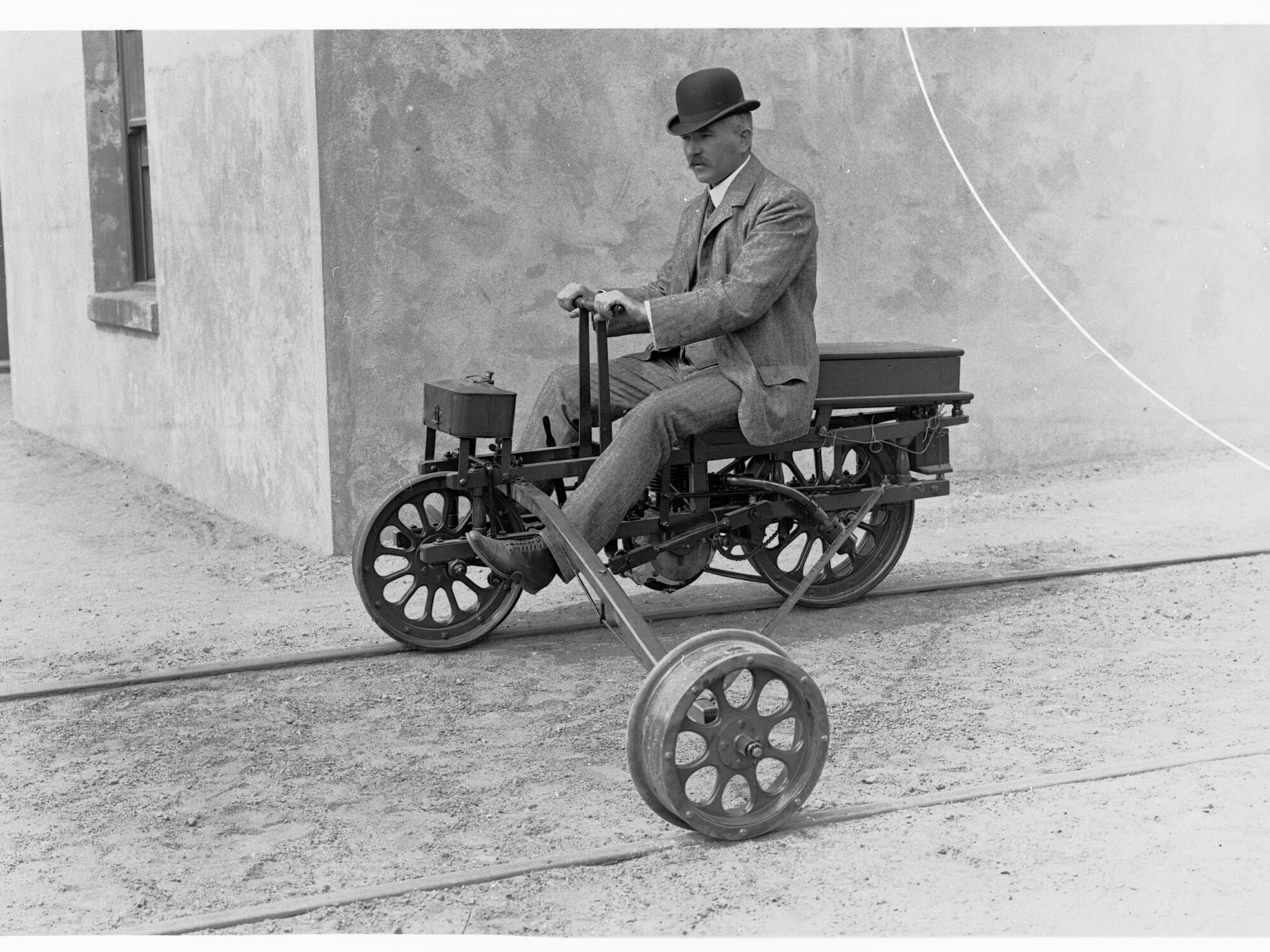 Man riding Railway Motor Tricycle - South Australian Railway negatives
