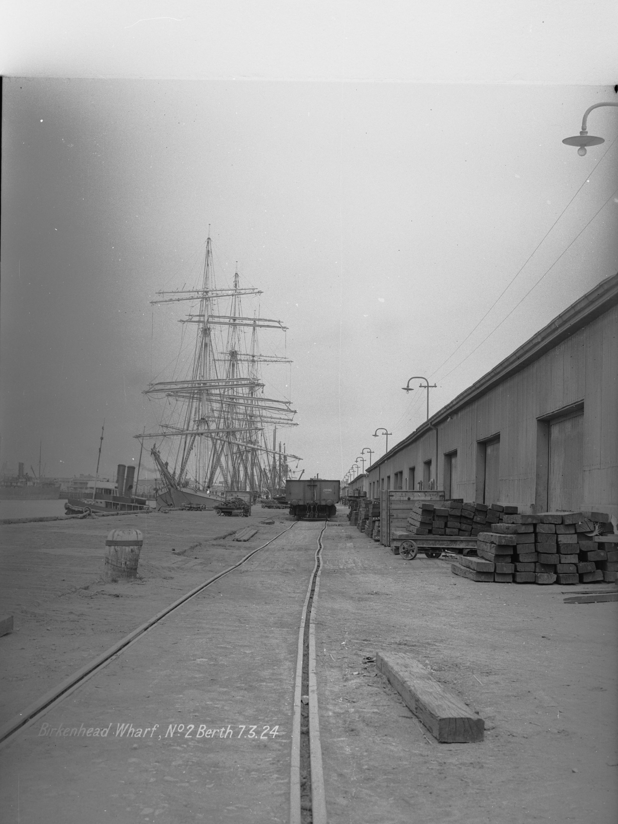 Birkenhead Wharf No. 2 Berth - shows sailing ship berthed at wharf