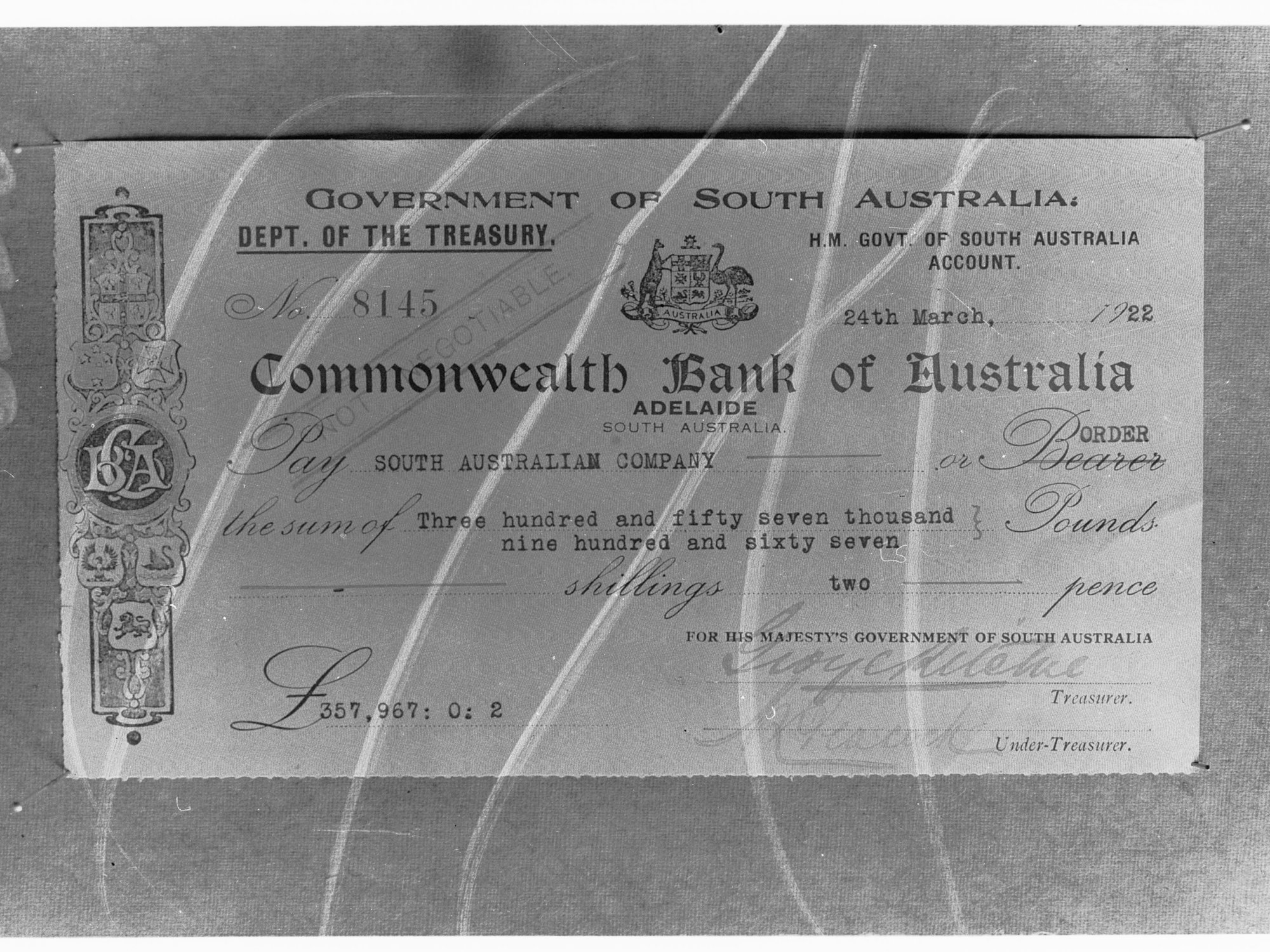 Cheque made out to South Australian Company for Three Hundred and Fifty Seven Thousand, Nine Hundred and Sixty Seven Pounds, and two pence