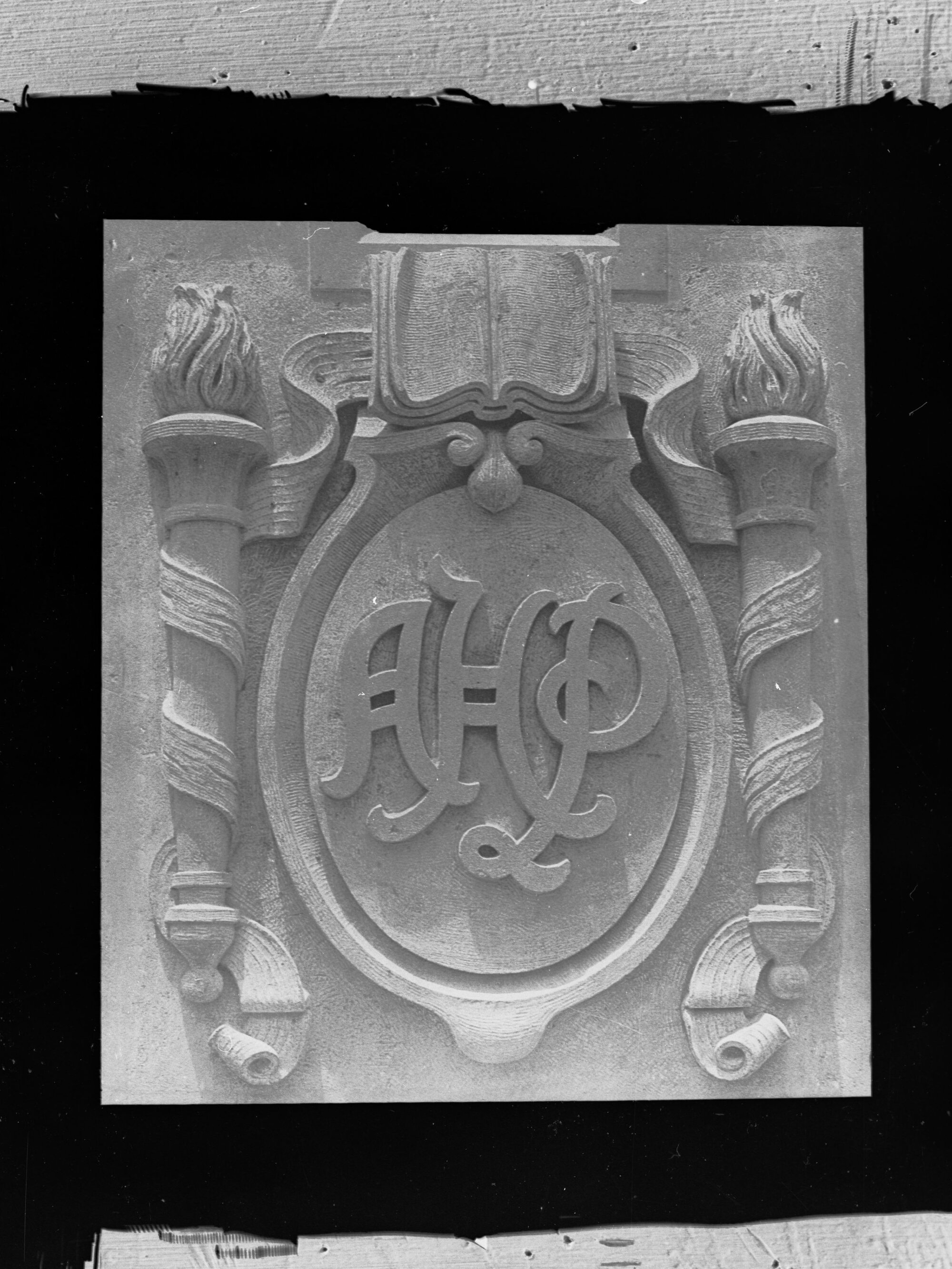 Carved stone panel for the Education Building