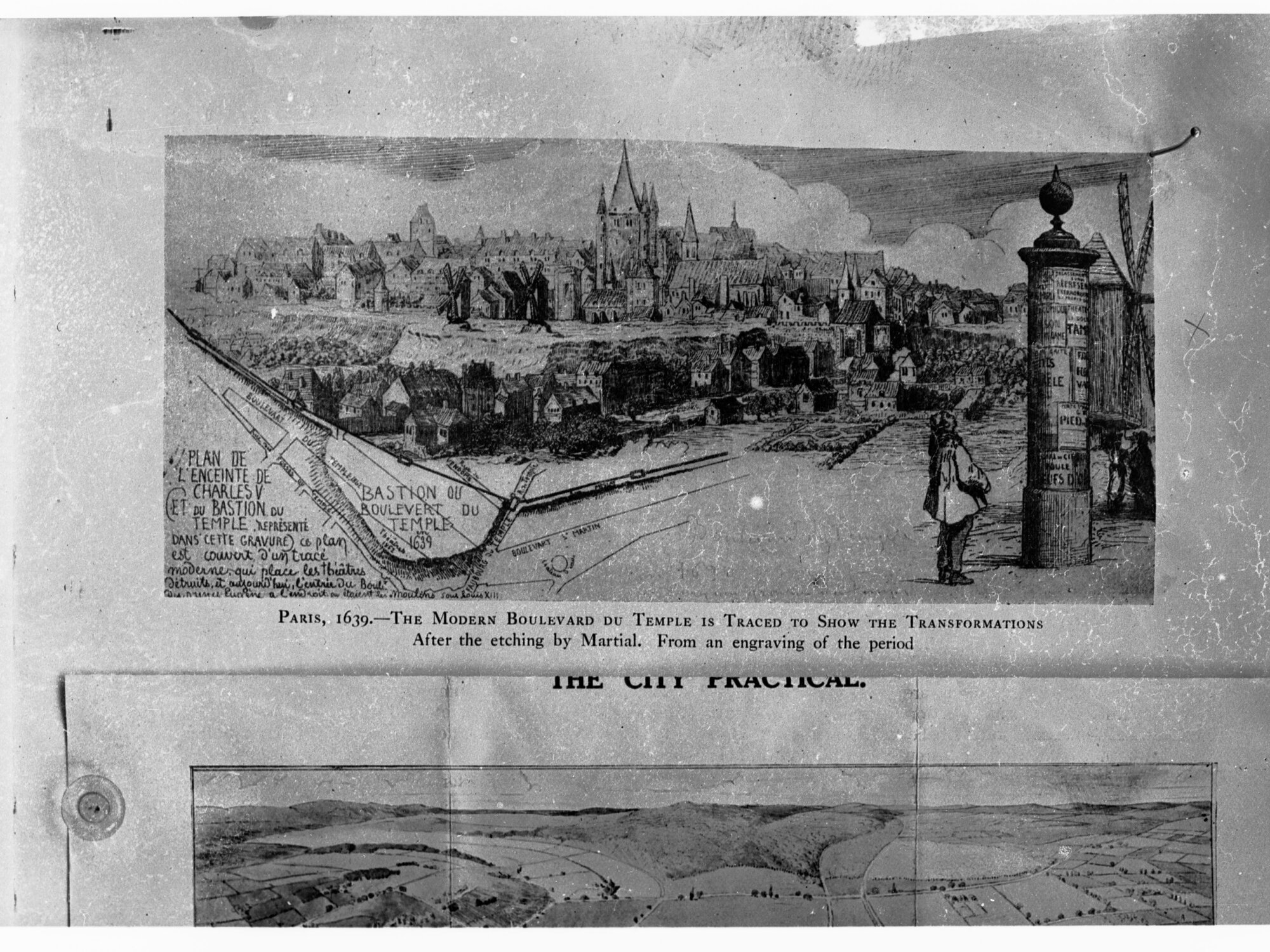 Drawing titled Paris 1639 - The Modern Boulevard du Temple is traced to show the transformations.