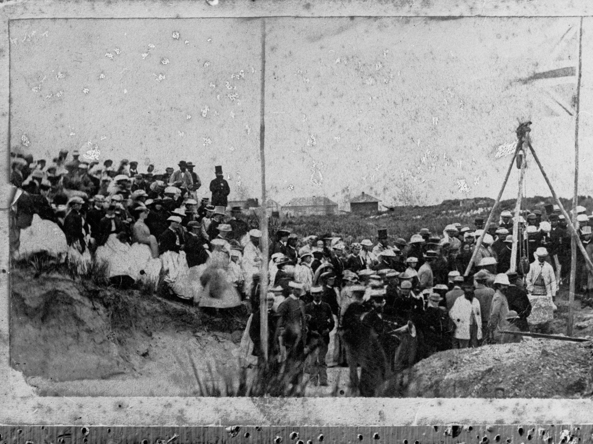 Crowd of people. Laying foundation stone of church, Victor Harbor's public library
