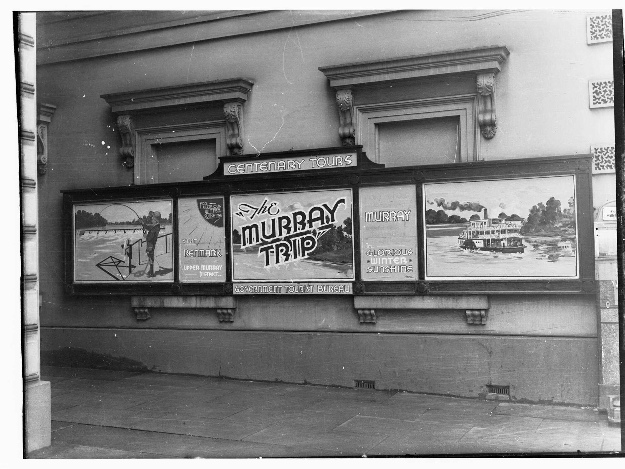 Centenary Tour Advertising - showing posters on River Murray, a man fishing and a paddlesteamer