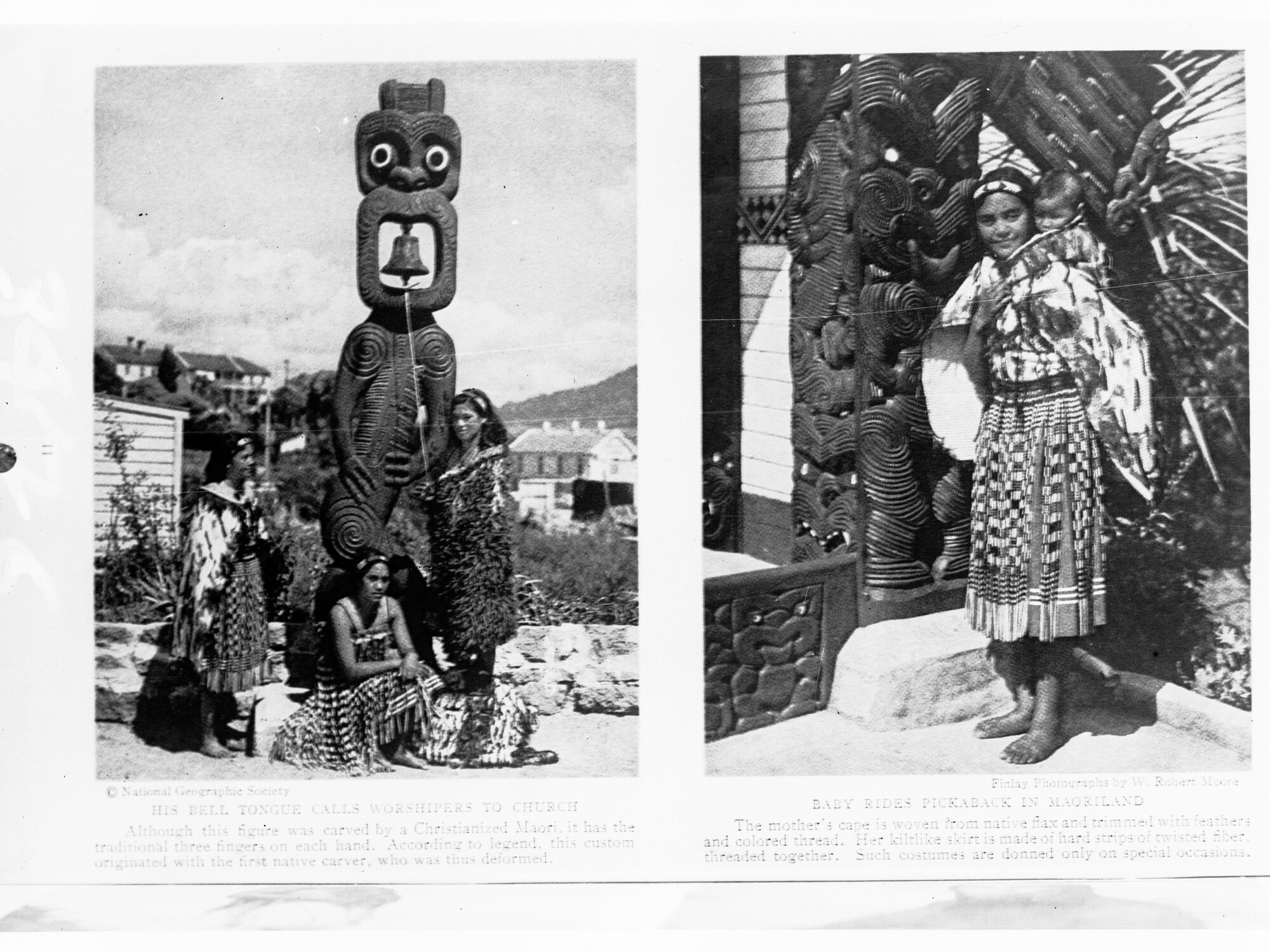 Maori people standing in front of a Totem Pole (Mr Robert W Moore) - National Geographic Society