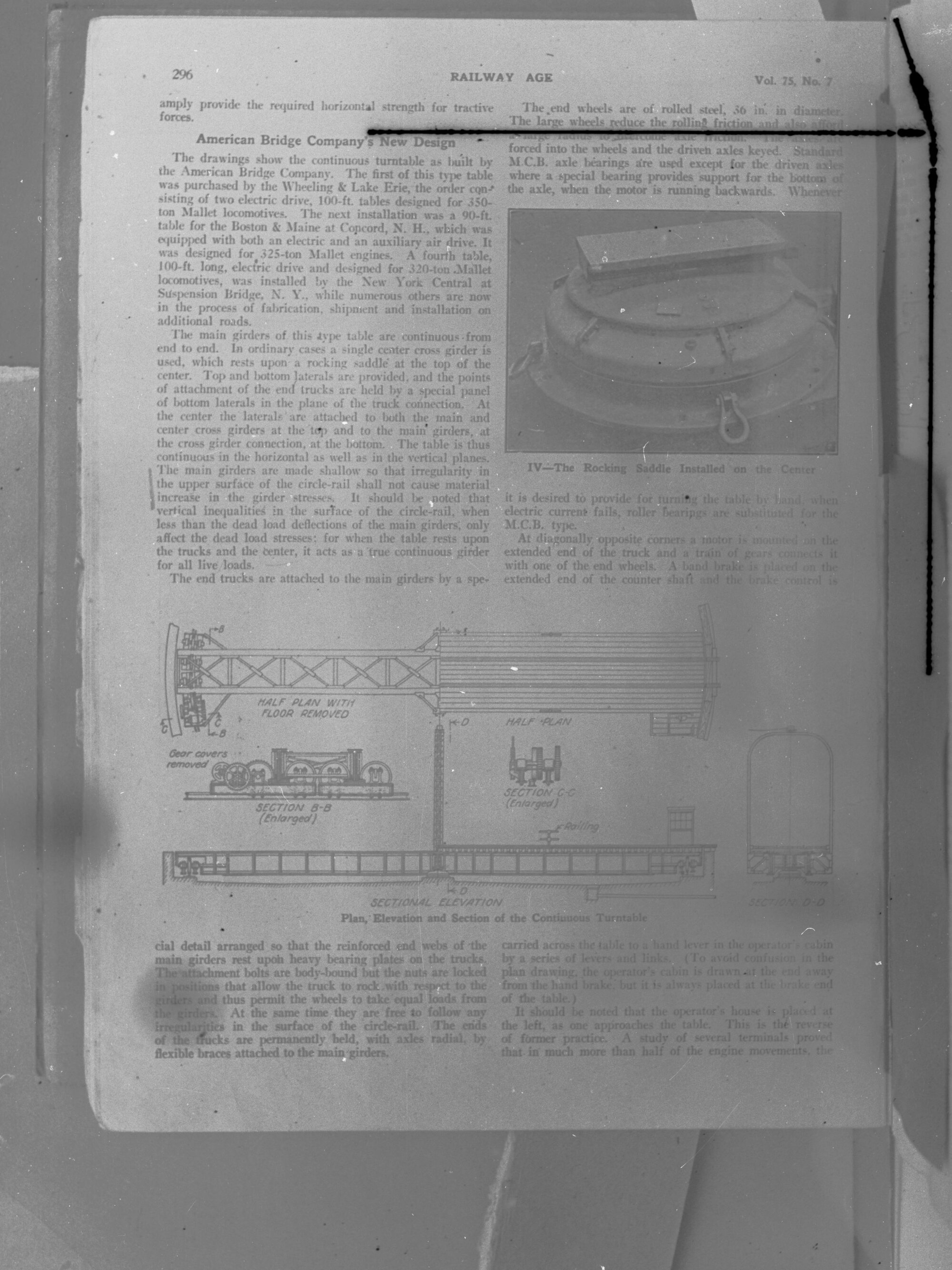Elevation and section of continuous turntable for rail - technical drawing from journal Railway Age, v75 No. 7