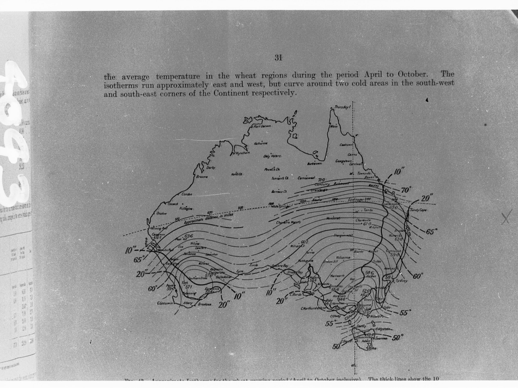 Map of Australia - showing average temperature in wheat regions during period April to October.