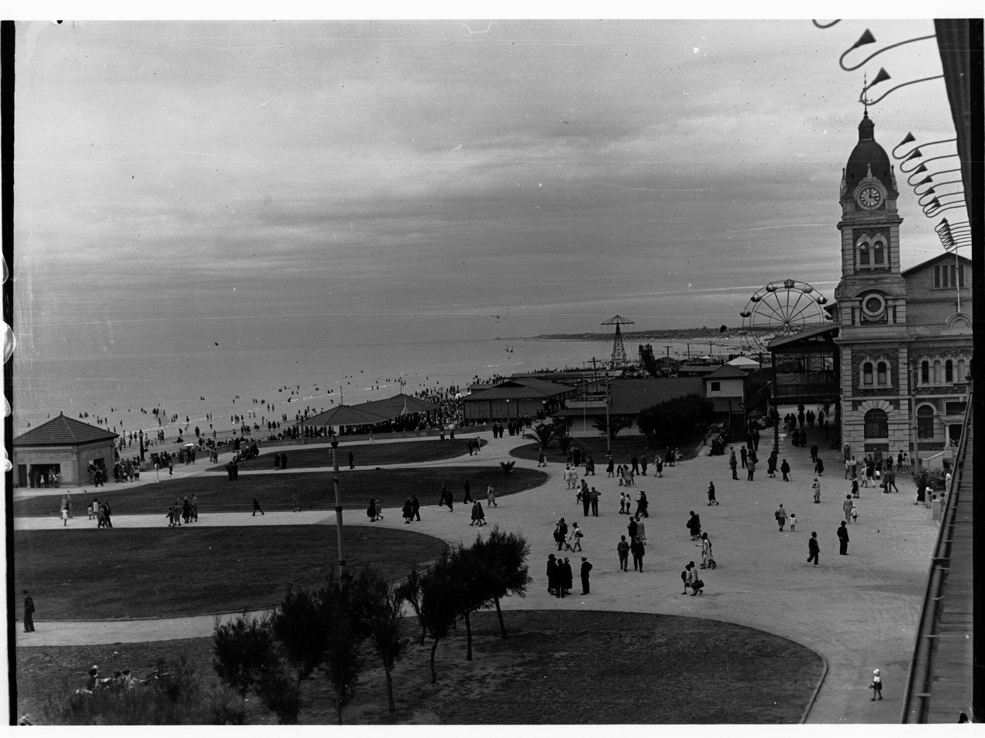 Foreshore at Glenelg showing clock tower and amusement park in background
