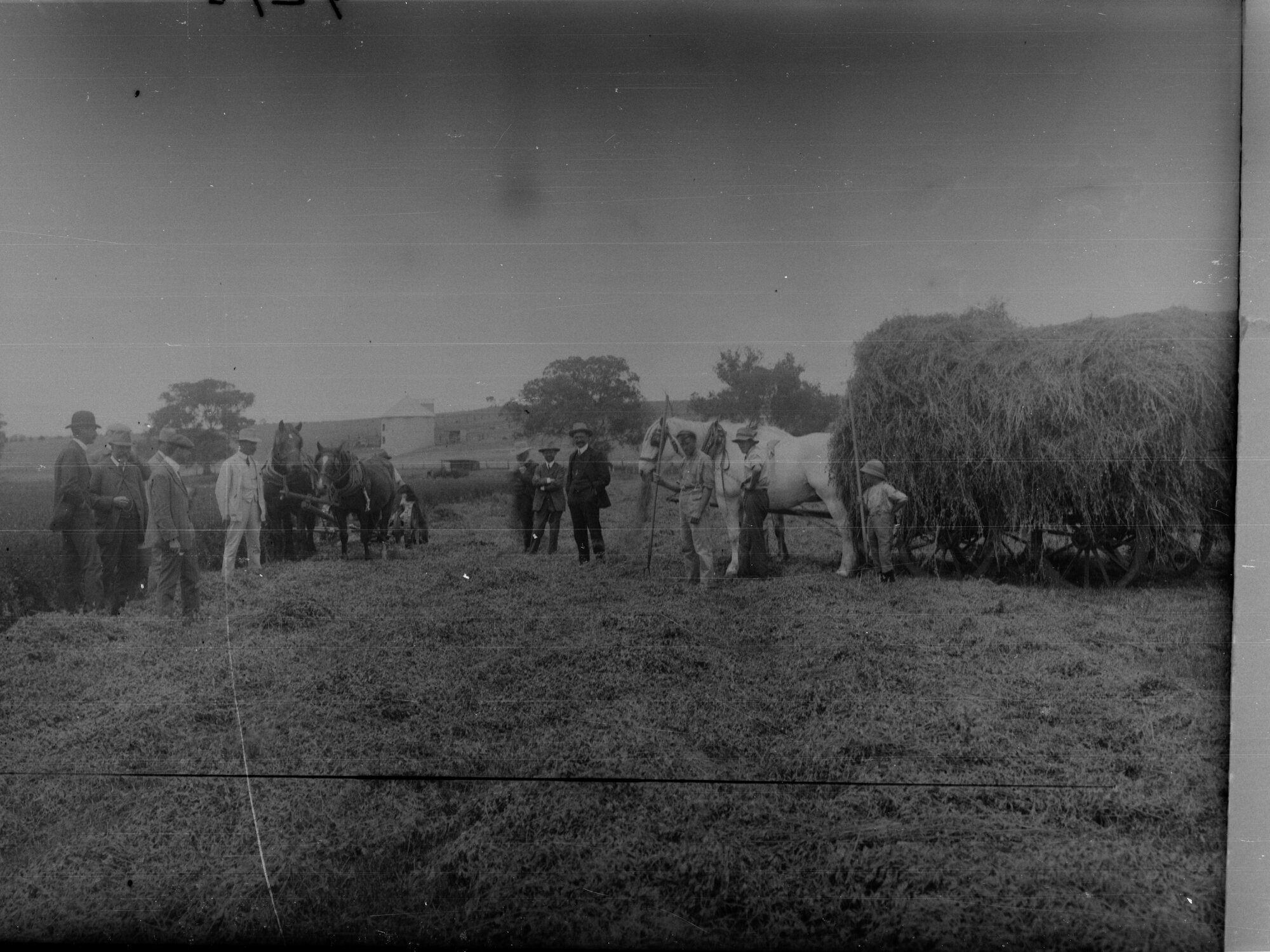 Cart filled with wheat, men standing around cart