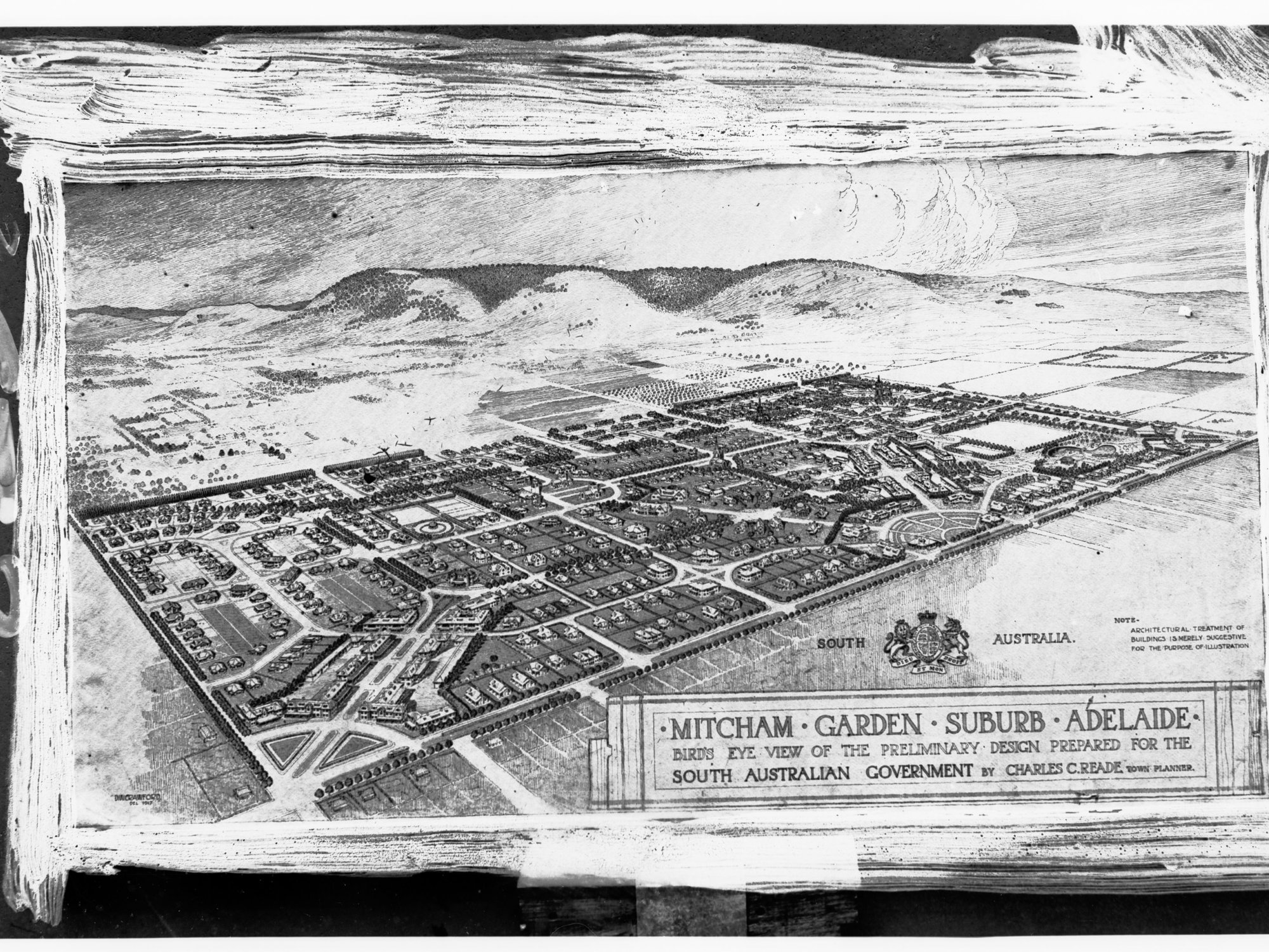 Mitcham Garden Suburb Adelaide (Charles C Reade) - birdseye view of the preliminary design for the South Australian Government