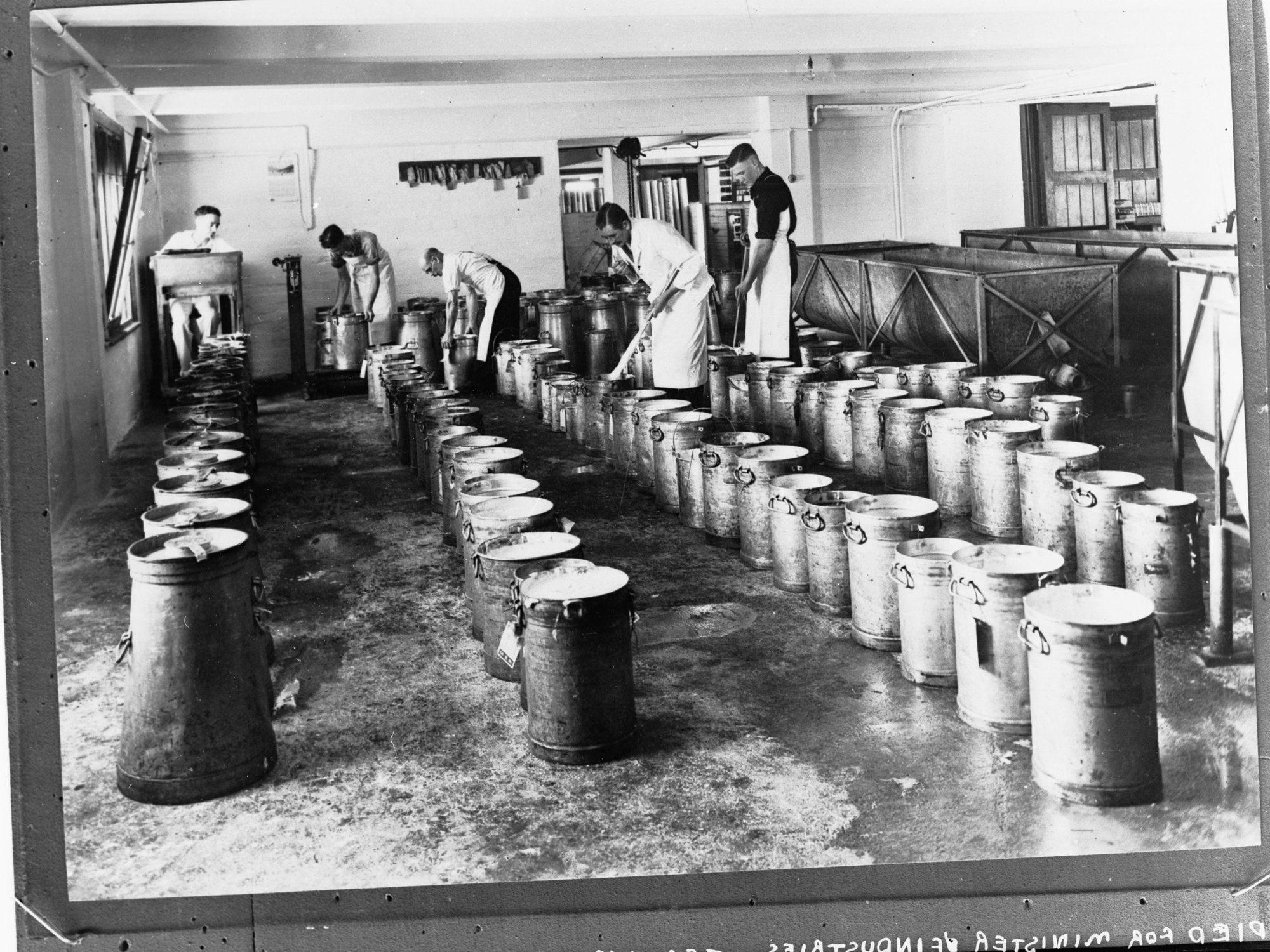 Dairy factory testing cream, five men at work