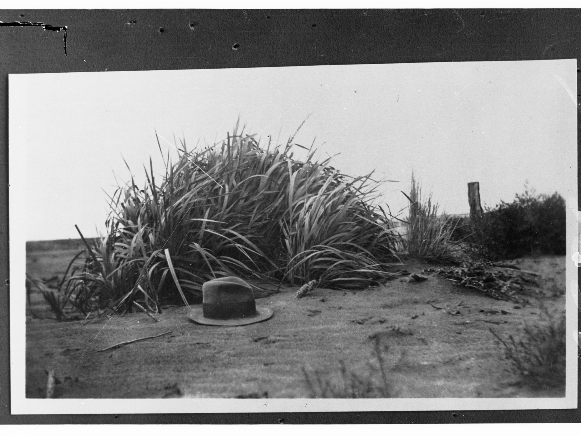 Desert Showing Tussocky Grass and Mans Hat Lying in Foreground
