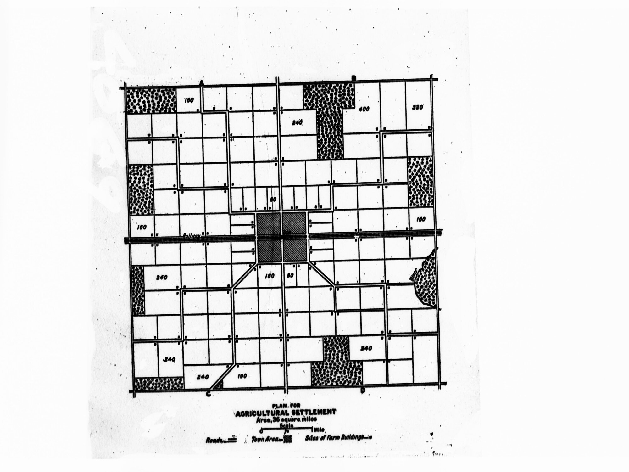 Plan for Agricultural Settlement Area - showing total area, farmbuildings, roads - site unidentified
