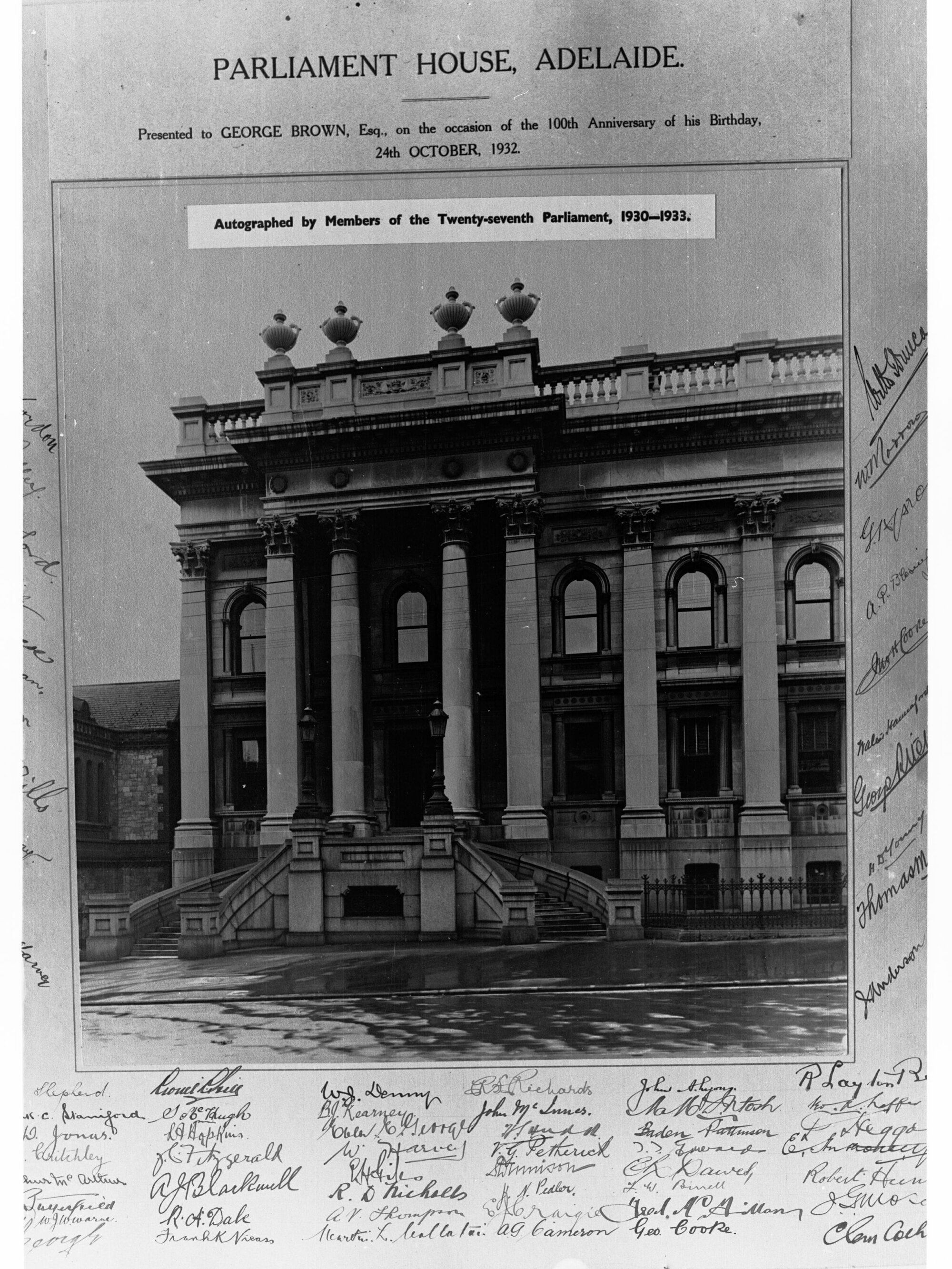 Parliament House Photo Autographed by Members of the Twenty Seventh Parliament