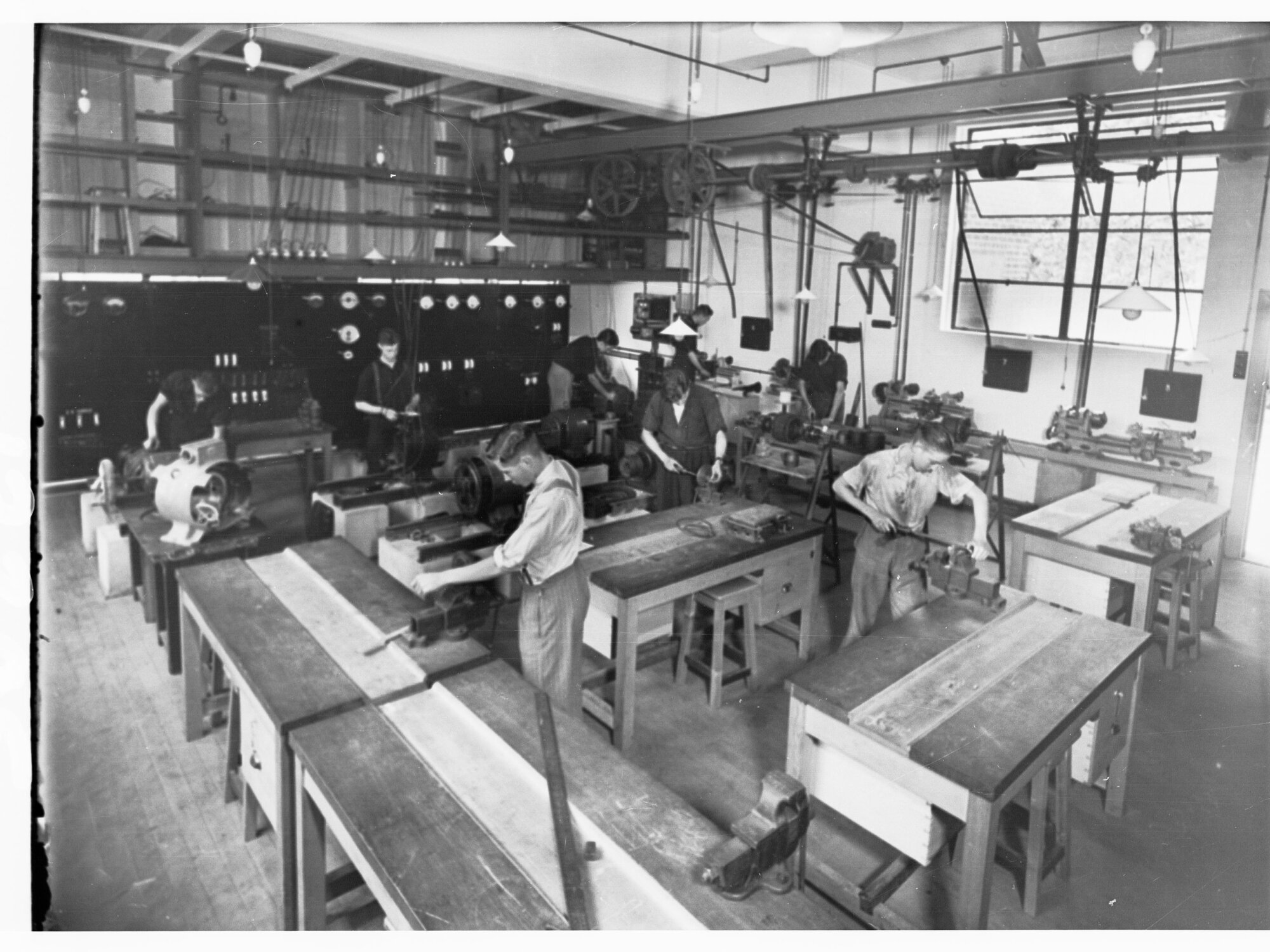 Woodwork class at the Trades School showing students