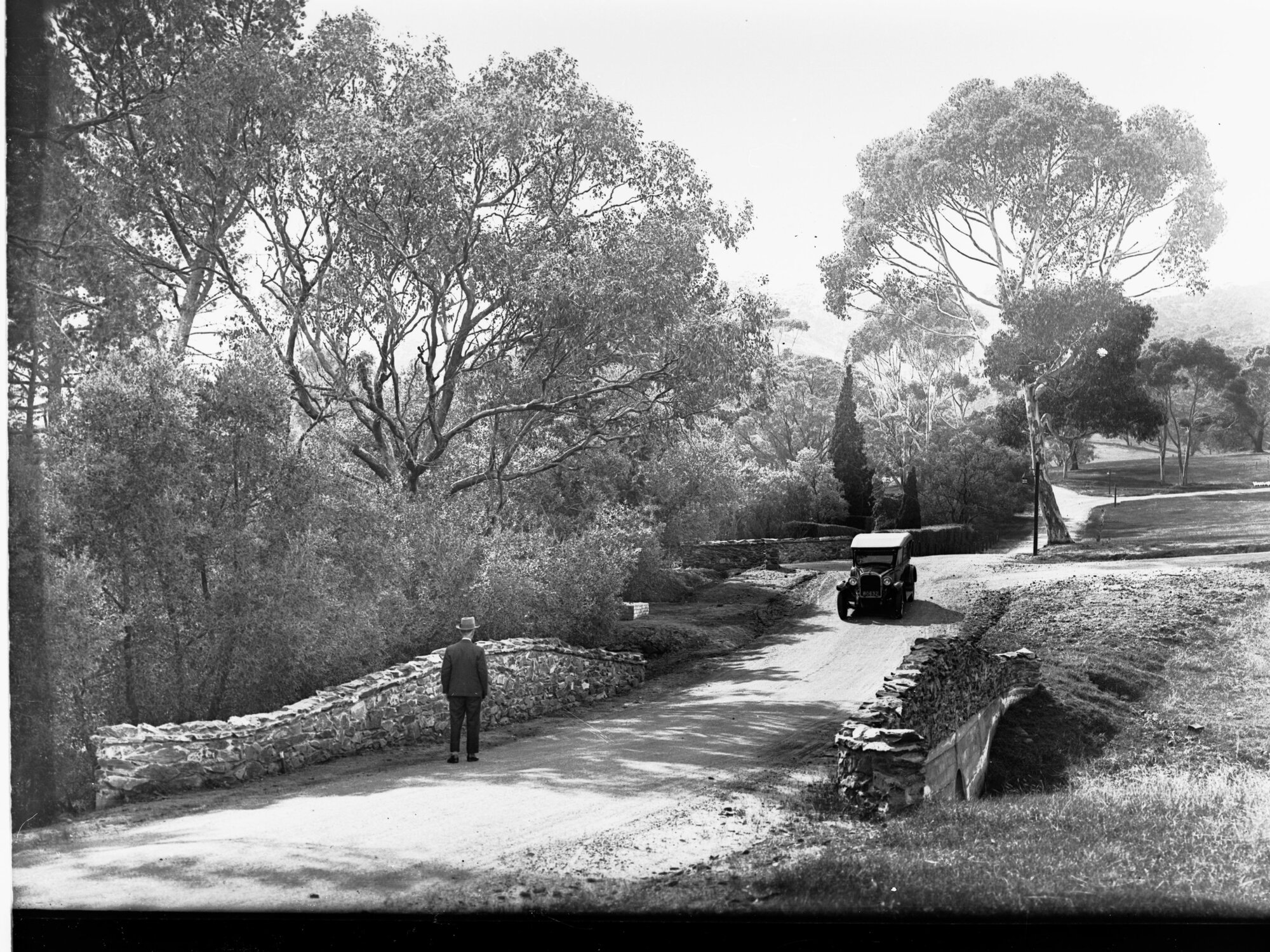 Automobile and Man on Road at Springfield