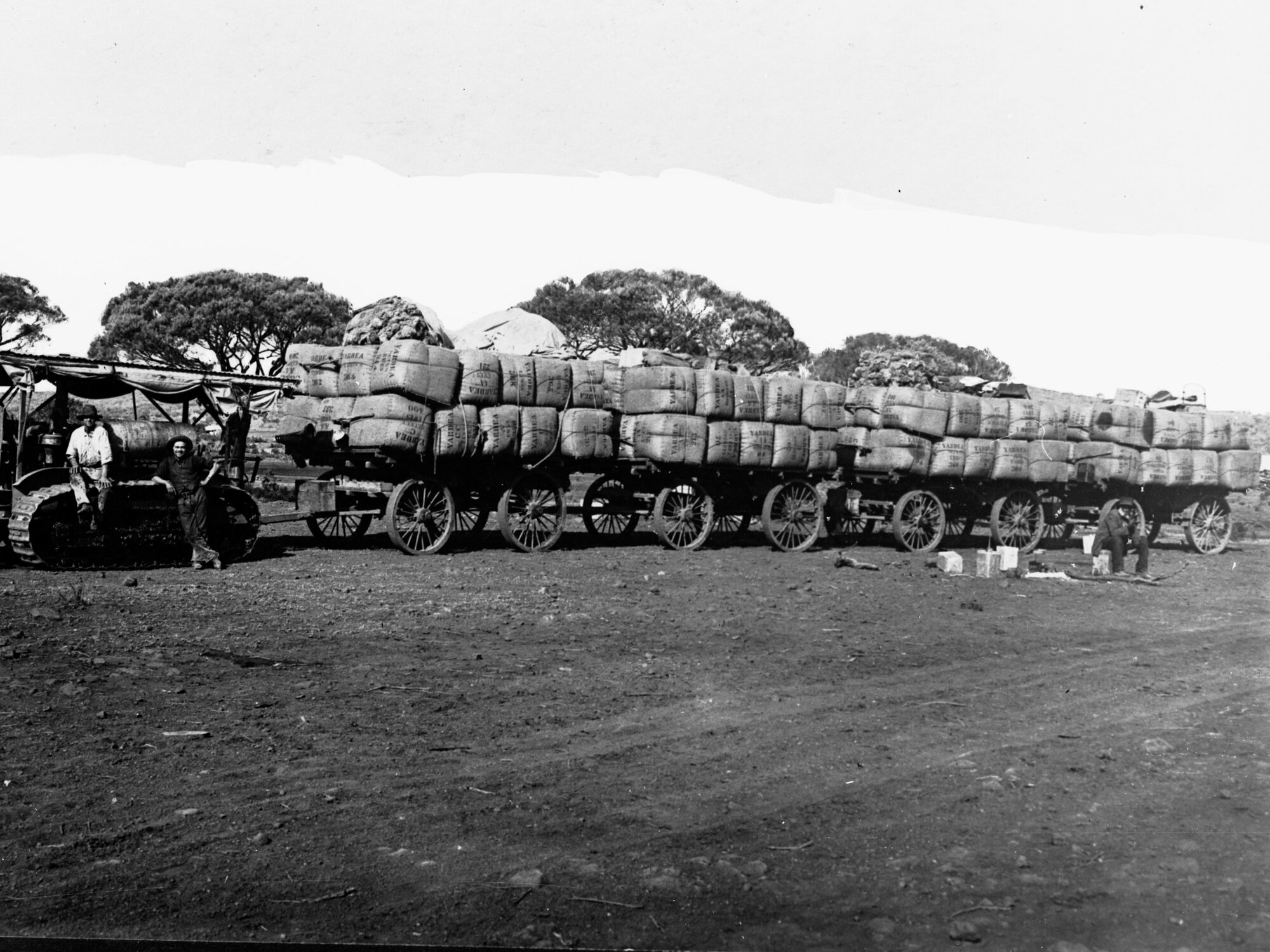 Bales of wool loaded on wagons being towed by a caterpillar tractor - wool is from Yardea Station (west of Port Augusta)