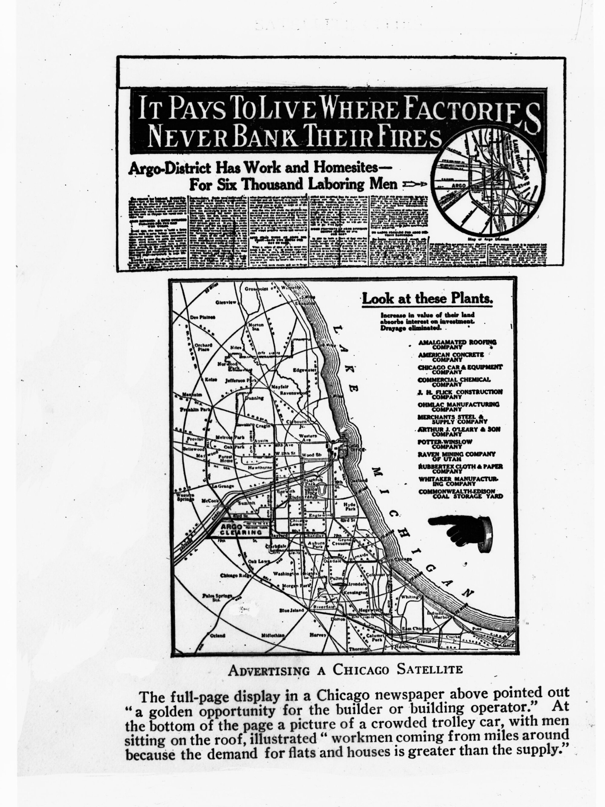 Advertising a Chicago Satellite town for home sites and factory workers